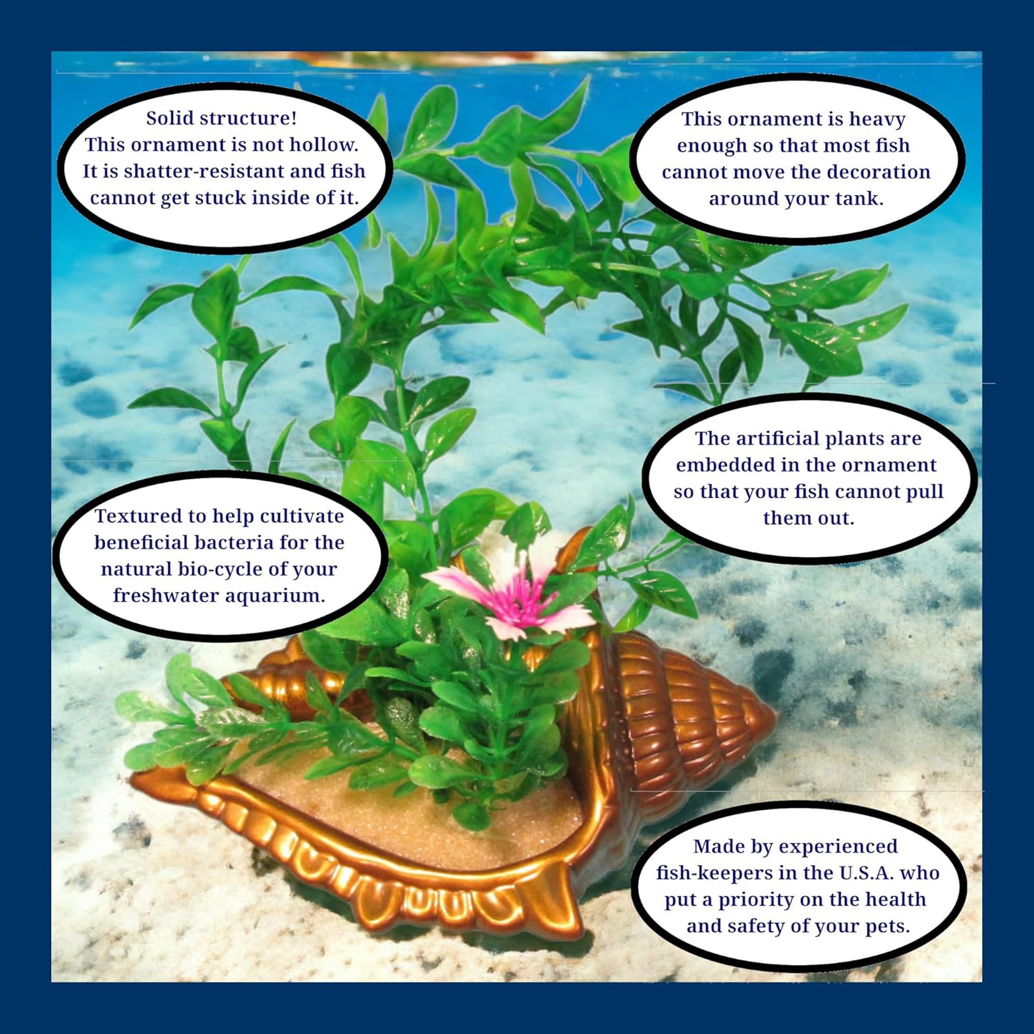 Handmade Gold Jumbo Shell Aquarium Decoration with Artificial Plant. Heavy Fish Tank Decor Ornament with Artificial Plant.