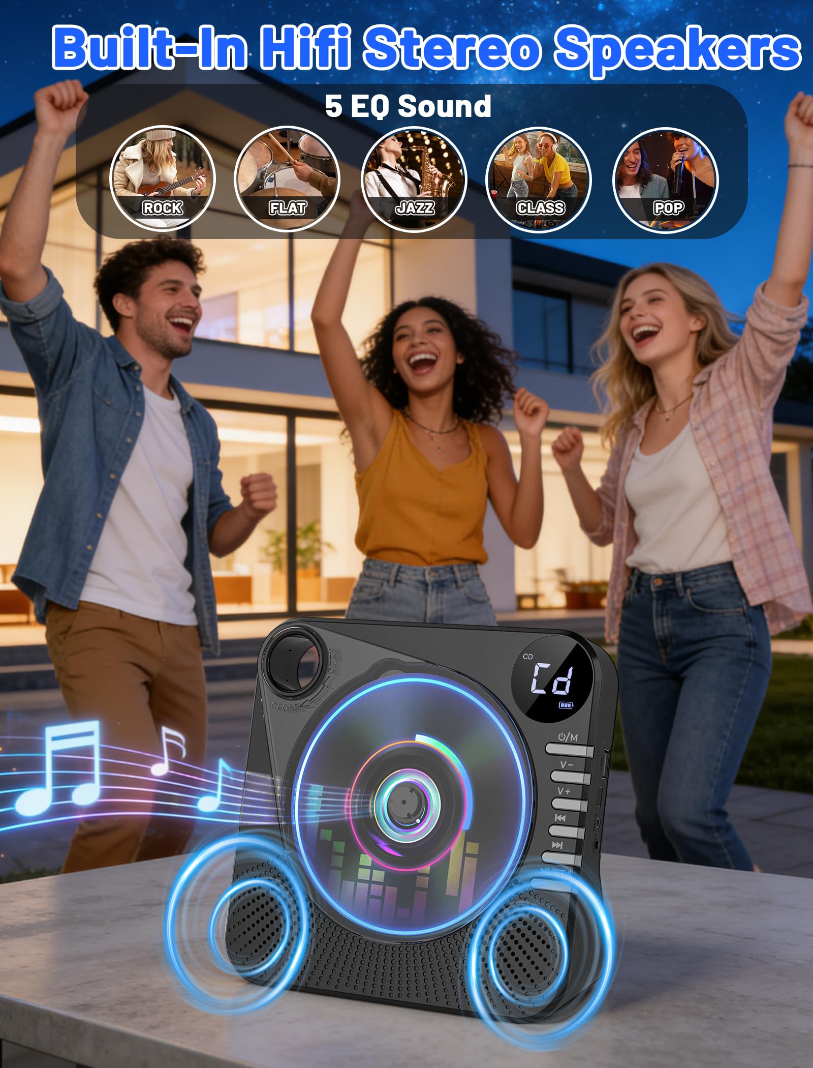 Gracioso Lettore CD portatile con Bluetooth, 4000mAh ricaricabile, altoparlanti stereo HiFi, telecomando, 5 EQ, ripetizione A-B, display a LED, USB/AUX/jack da 3,5 mm