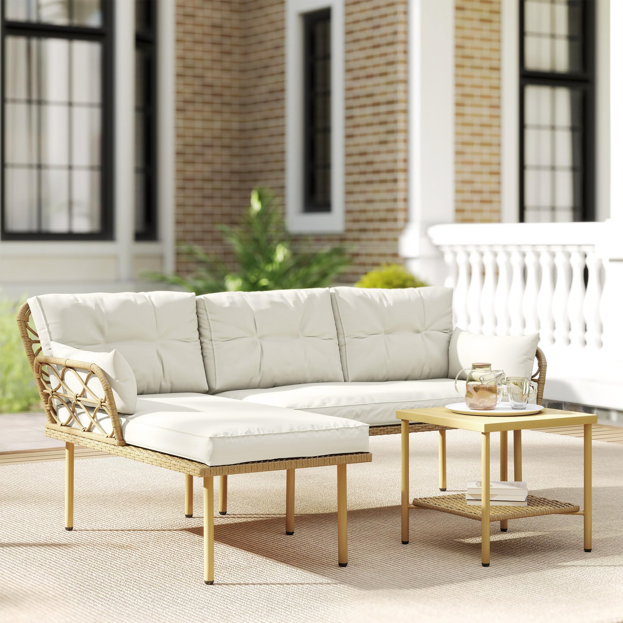 Outsunny Conjunto de Jardín de Ratán, Juego de 3 Piezas Muebles Jardín Exterior con 1 Sofá de 2 Plazas, 1 Sofá Esquinera, 1 Mesa de Centro Metálica de 2 Niveles y Cojines, Anti-UV, para Patio, Crema