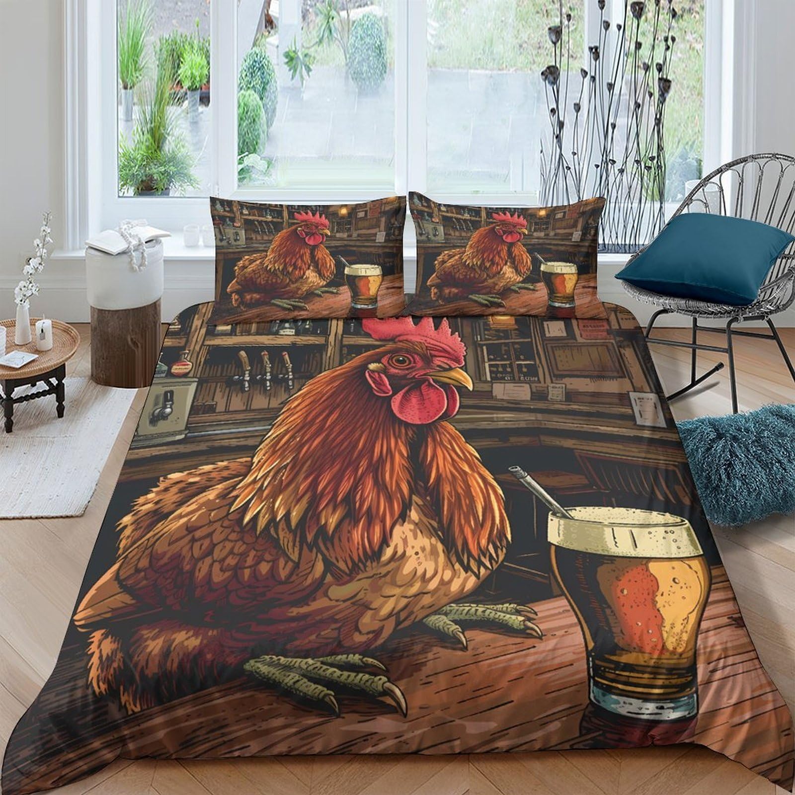 Ctjqhvkz Style-9 3D Printed Rooster Tavern Fitted Sheet Microfiber Soft Bed Cover Beer Mug Pattern For Bedroom Guest Room Decor Single（135X200cm）