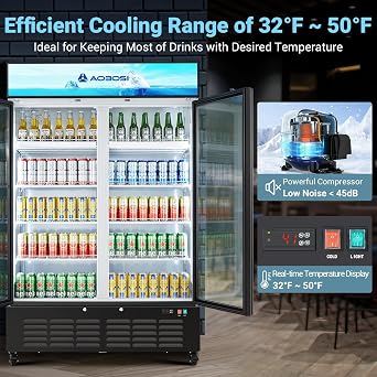 AAOBOSI Commercial Beverage Refrigerator, 36.8 Cu.Ft Double Glass Door Beverage Fridge, Upright Display Refrigerator with Soft LED Light,Adjustable Shelves, Perfect for Home Bar, Patio, Garage, Black