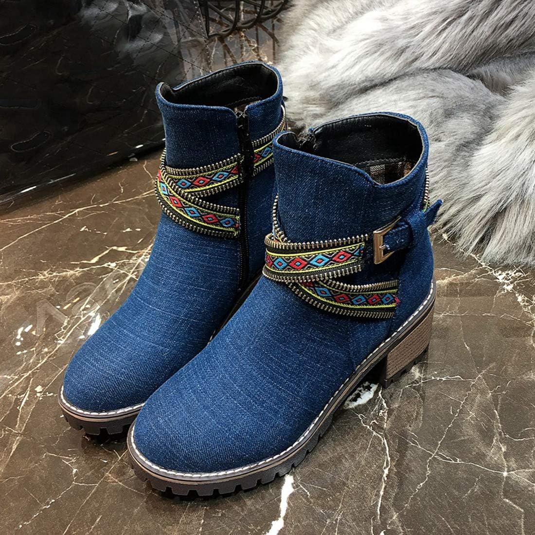 VOKLIN Women's Fashion Denim Dressy Ankle Booties Round Toe Ethnic Zipper Stacked Mid Heel Riding Short Boots