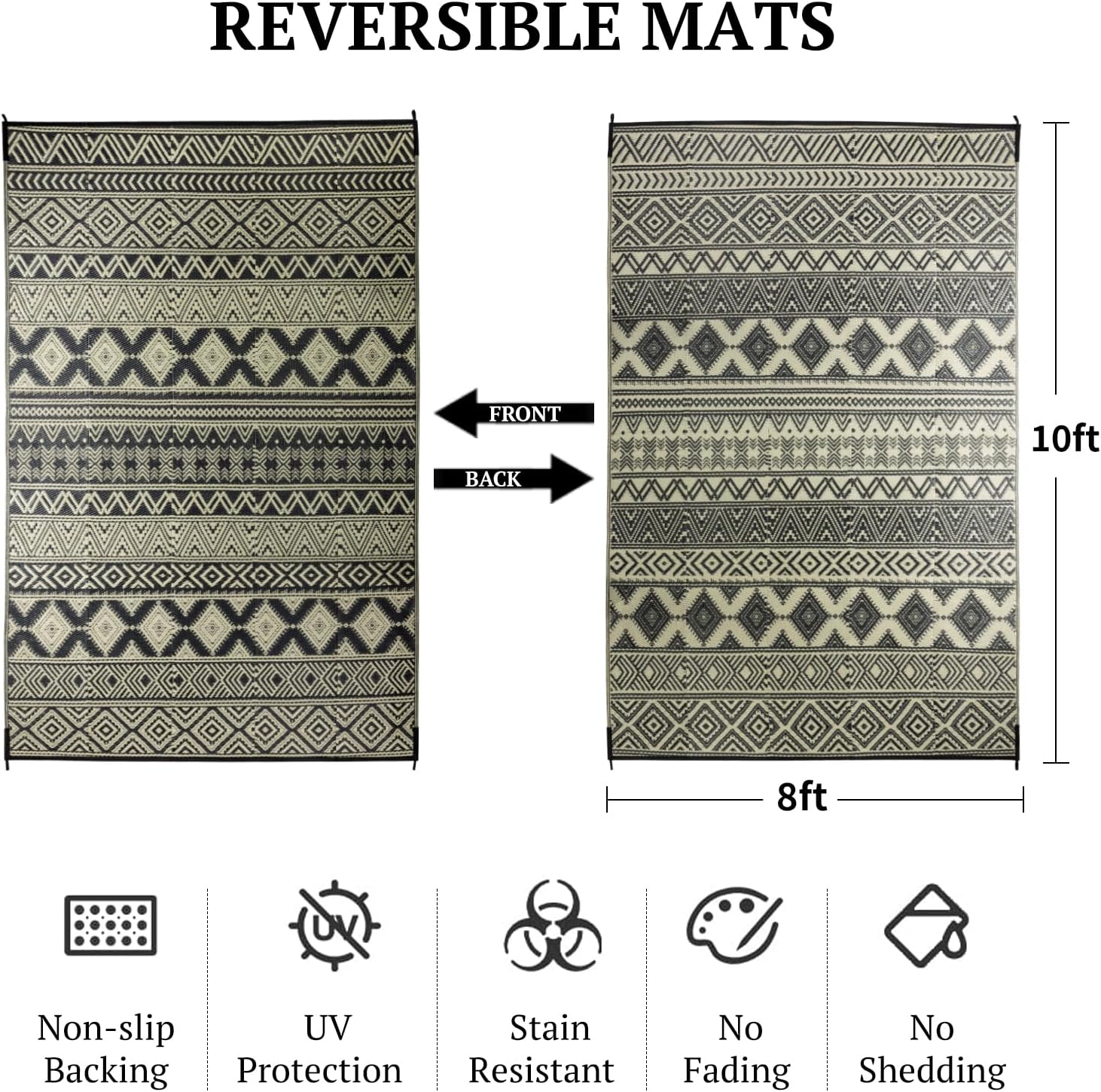 8'x10' Reversible Outdoor Rug - Eco-Friendly Plastic Straw Rug-Heavy-Duty Waterproof Mat, UV & Fade Resistant for Patio, Camping, RV, Deck, Balcony(8x10,Black&Beige)