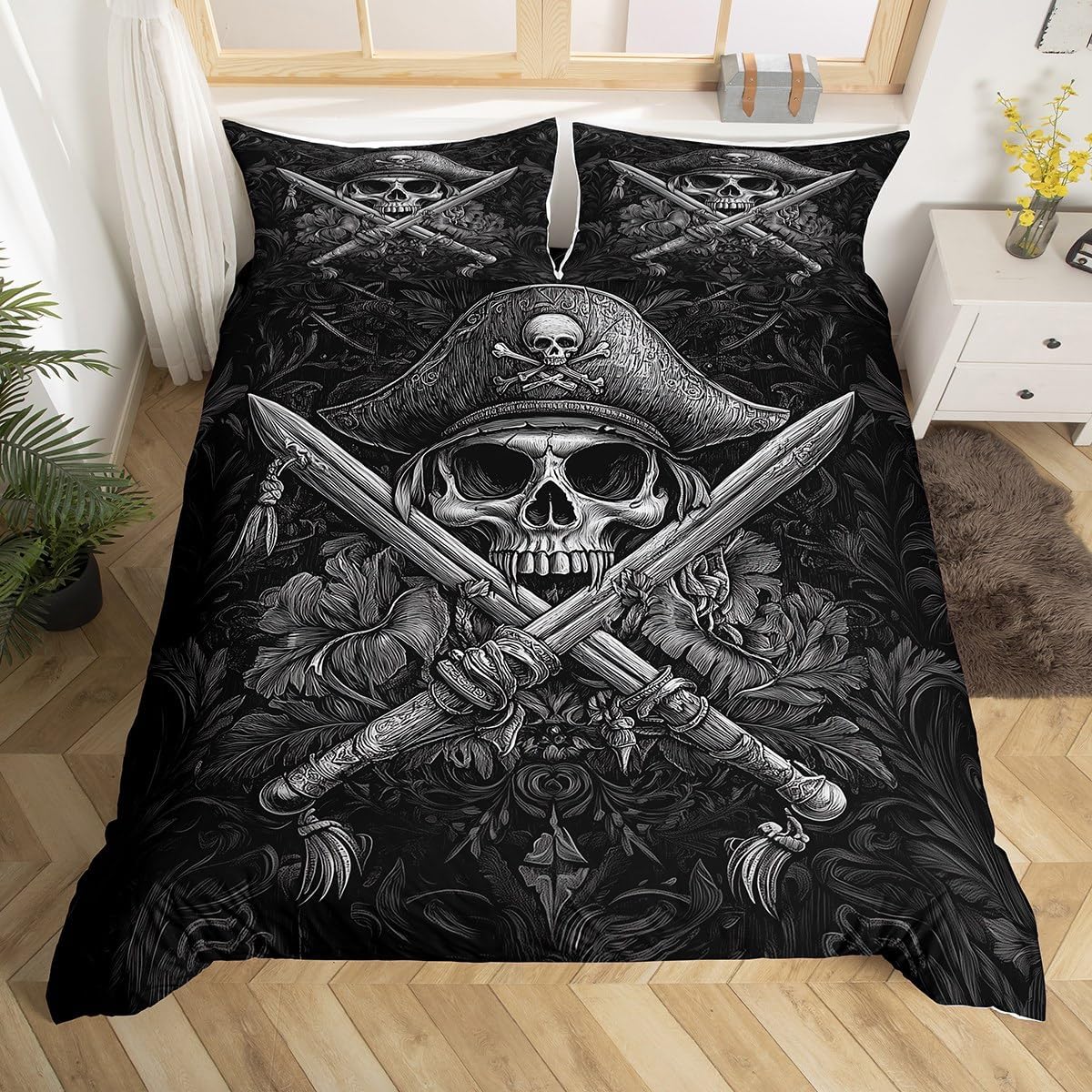 Gothic Skull Duvet Cover Set King Size,Pirate Theme Skeleton Pattern Reversible Quilt Cover with 2 Pillowcases,Gray Leaves Plant Black Sketch Microfiber Comforter Cover (Not Comforter)