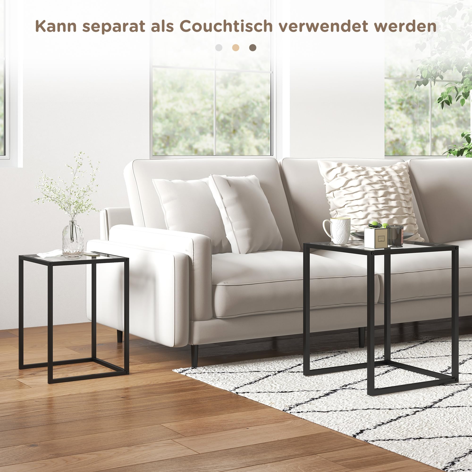 HOMCOM 2er Set Beistelltisch Stapelbar Modern mit Stahlbeinen Schwarz | Nachttisch, Couchtisch, Tischplatte aus Verstärktem Glas, Wohnzimmertisch, Kaffeetisch, Modernes Design