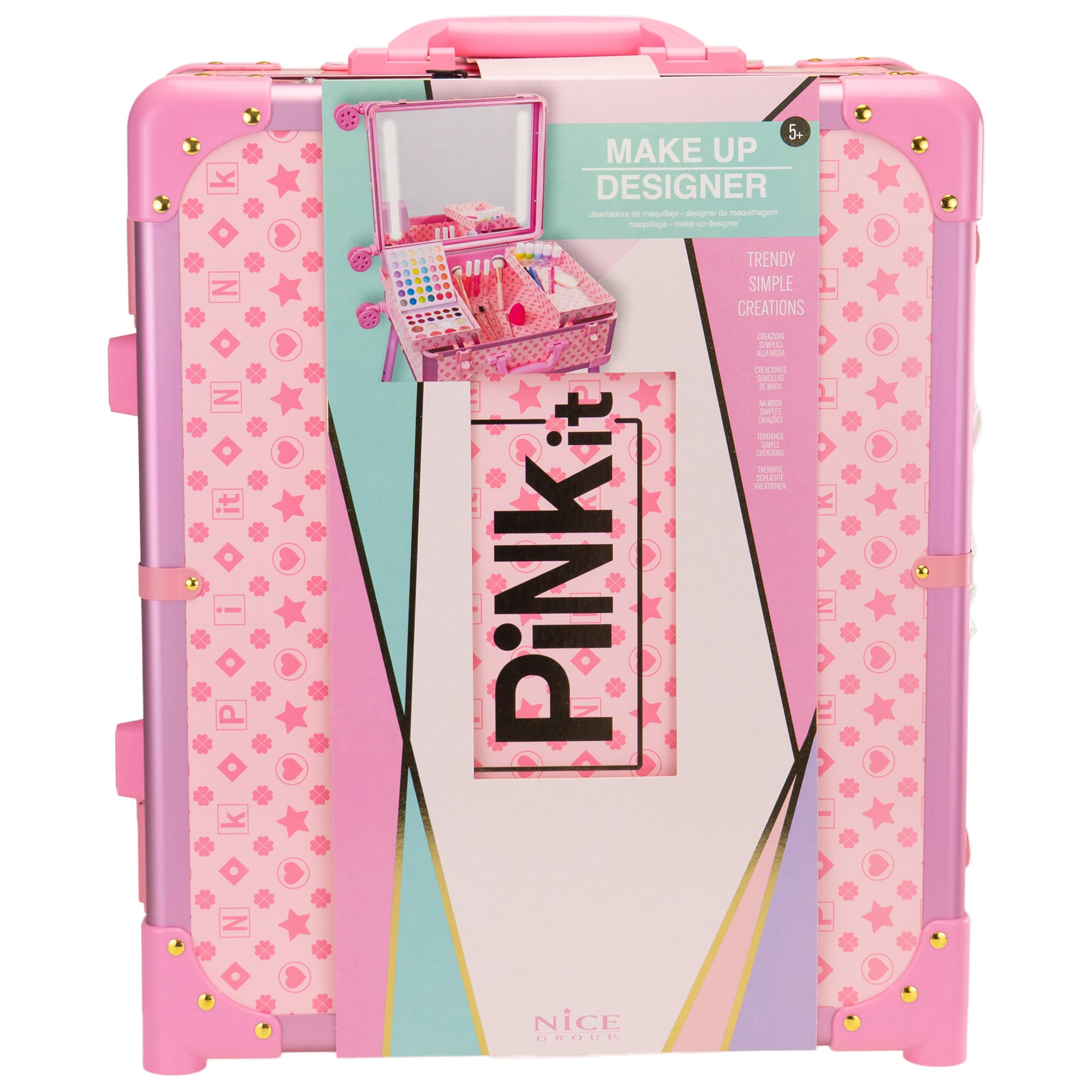 Nice Group - PINKIT Station Make Up Designer, 1 Valigia con Kit Trucchi, Pennelli e Specchio