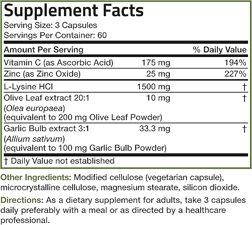 Miniatura 20 de Bronson Complejo de apoyo inmunológico de defensa de L-lisina 1500 mg de L-lisina más hoja de olivo, ajo, vitamina C y zinc, sin OMG, 90 cápsulas