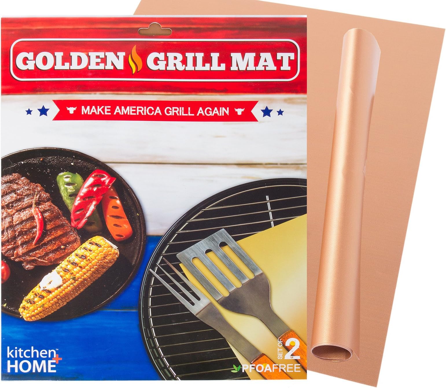 Kitchen Home + Golden Grill Mat ââ‚¬â€œ Make America Grill Again - Set of 2 Nonstick, Heavy Duty, Reusable, BPA & PFOA Free BBQ Grill & Baking Mats for Gas, Charcoal & Electric Grills