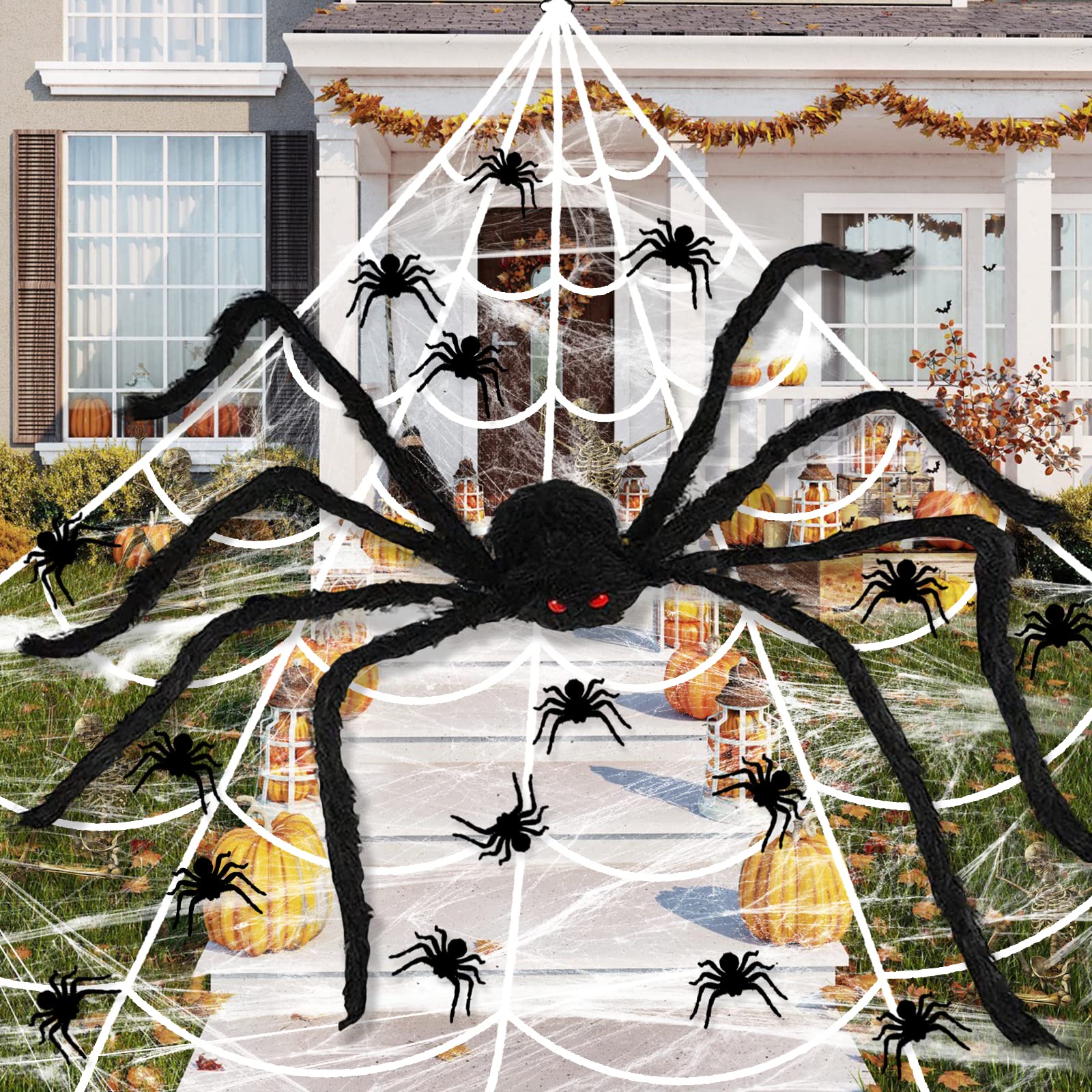 Spider Webs Halloween Decorations Outdoor, 200" Spider Web with 50" Giant Spider, 20pcs Small Spiders and Stretch Cobwebs for Halloween Outdoor Decoration Yard Home Costumes Party Haunted House Decor