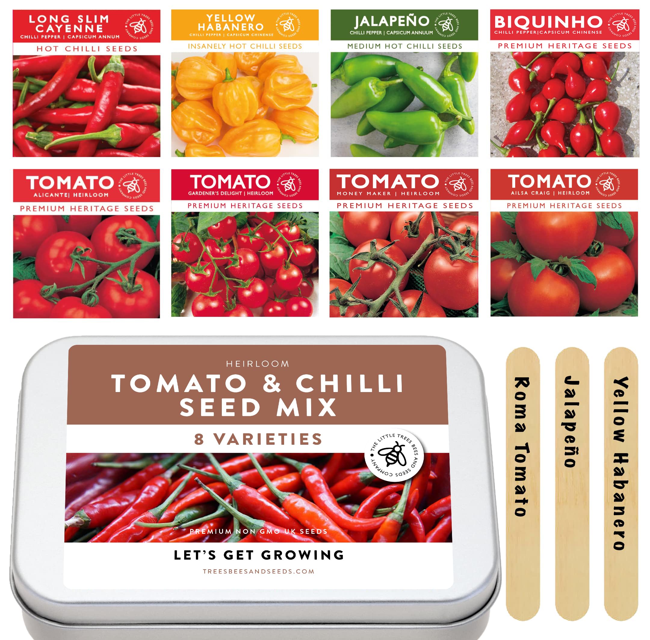 Tomato & Chilli Seeds for Gardening, 8 Easy Sow Seed Varieties, 8 Plant Markers & Growing Guide - Gifts for Adults & Kids, Little Trees Bees & Seeds Co