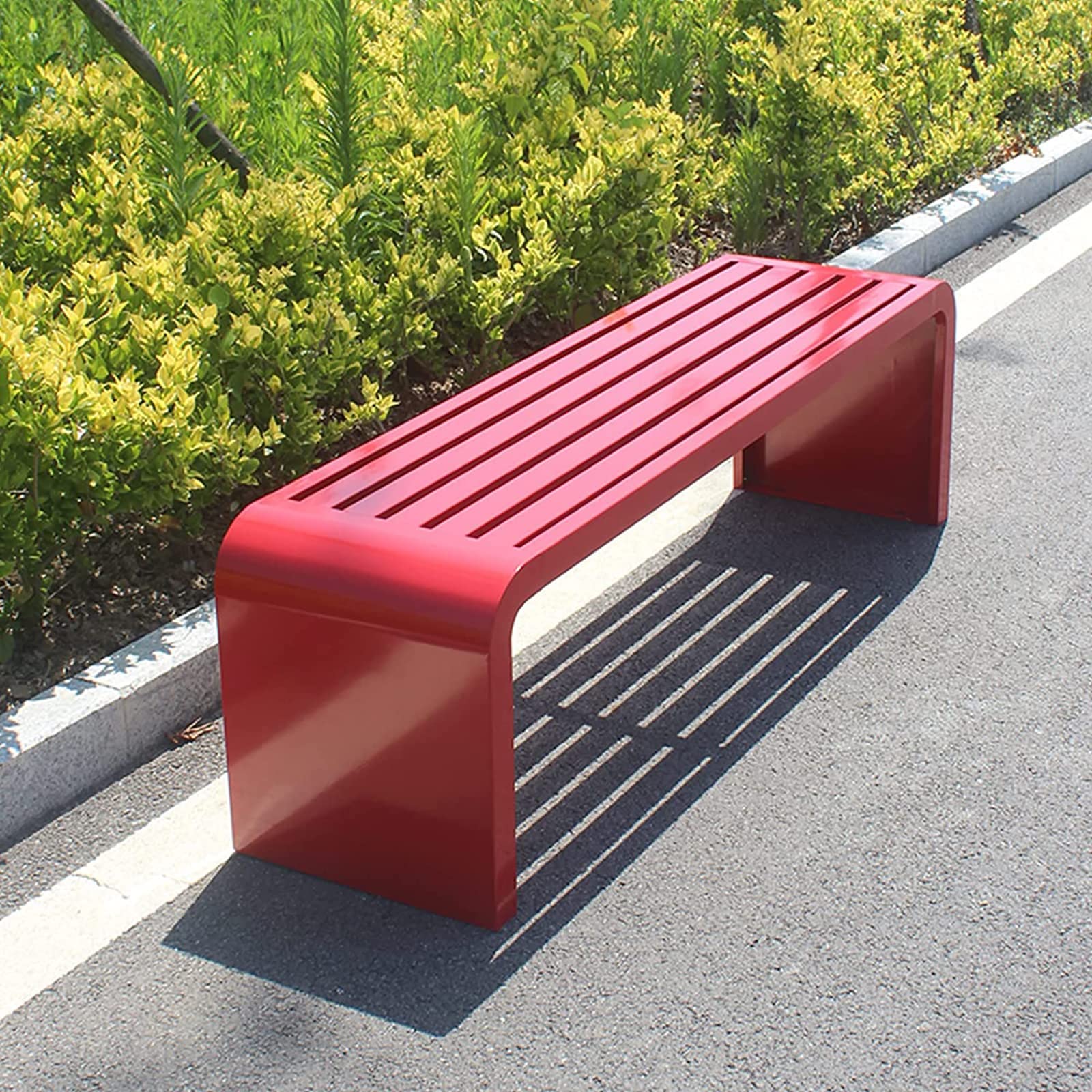 Banco de metal impermeable para exteriores, sin respaldo, para todo tipo de clima, asiento de jardín para porche, parque, entrada, 47.2 x 15.8 x 17.8 pulgadas, elegante diseño rojo
