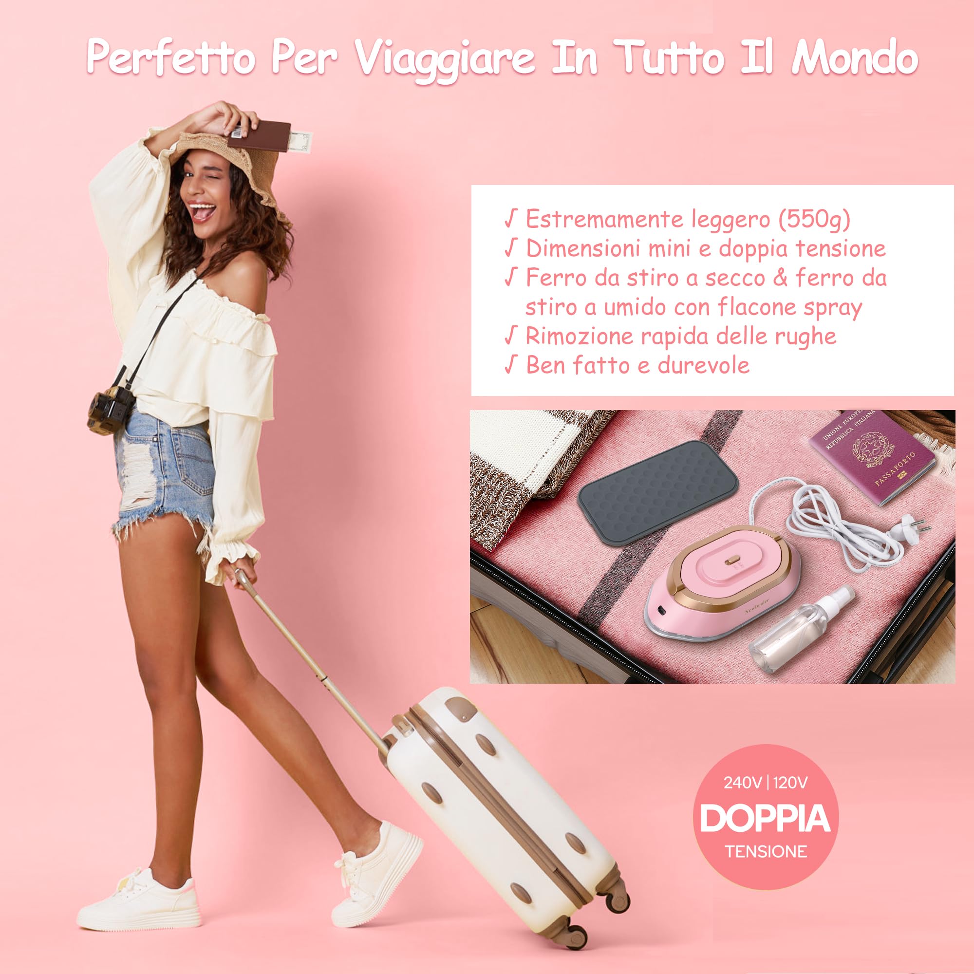 Newbealer Ferro da Stiro da Viaggio, Ferro da Viaggio Mini Portatile Leggera Compatto senza Vapore, Stirare i Vestiti, Doppio Voltaggio 100V-240V, rosa