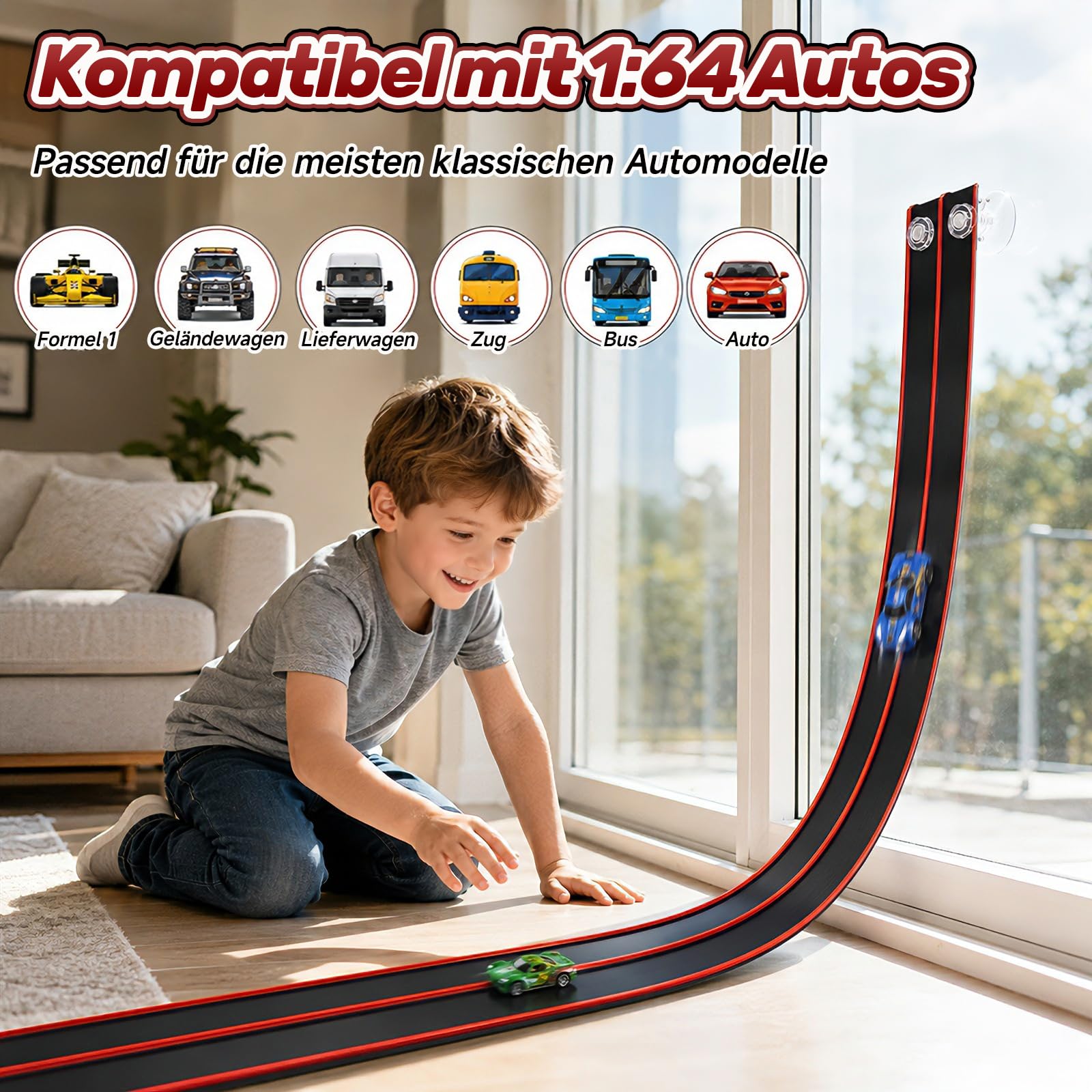 Pista da corsa flessibile per bambini, pista da corsa da 4,5 m, include 4 auto, doppia pista portatile per auto 1:64, regalo giocattolo per bambini dai 3 anni in su, regalo per interni ed esterni
