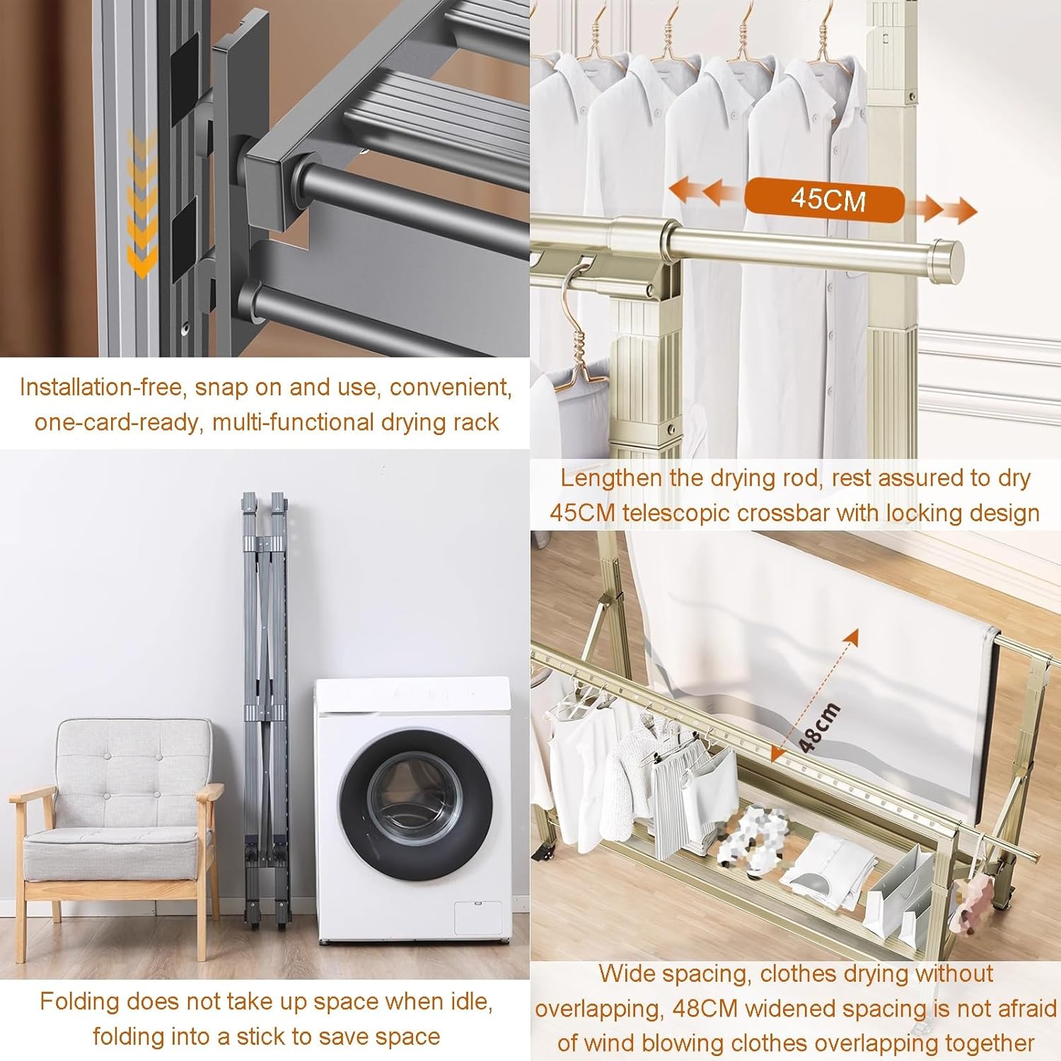 Adjustable Foldable Clothes Drying Rack with Windproof Holes - 450 lb Capacity Outdoor Stand for Laundry, Shoes & Clothing - Versatile Grey Rack (150-240 cm)