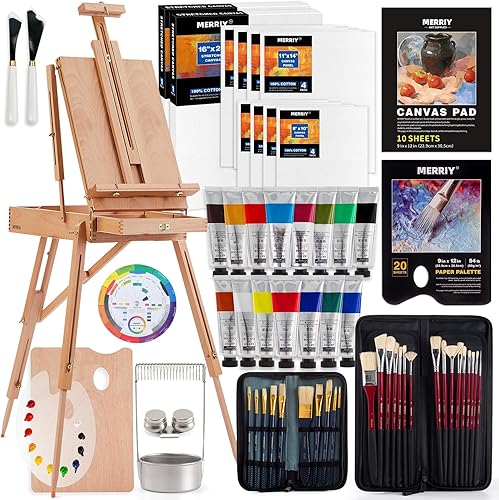 MERRIY Juego de pintura al óleo para artistas, kit de suministros de pintura premium con caballete de mesa, pinturas al óleo de 12 colores, lienzo