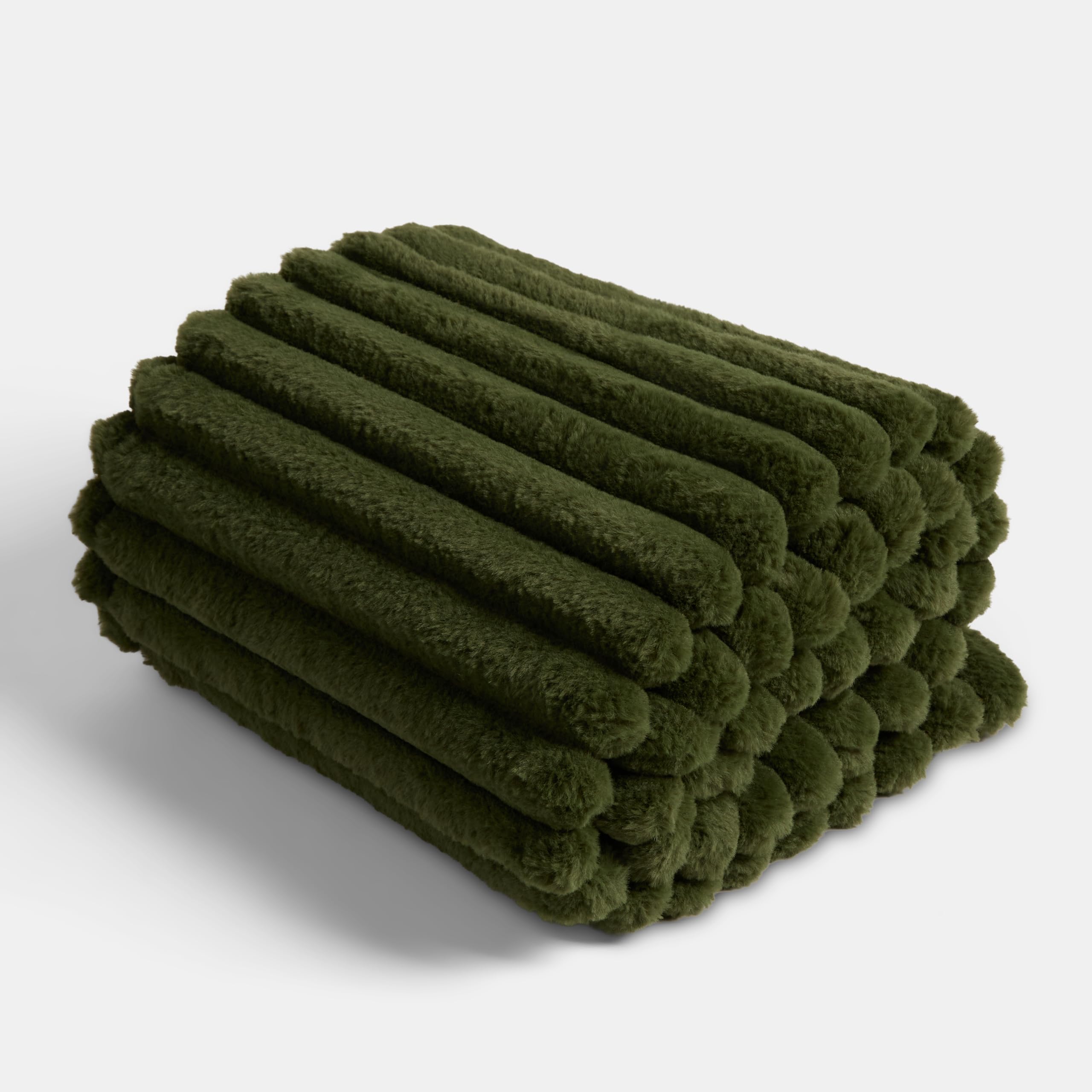 OHS Faux Fur Blanket Thick Ribbed Bed Sofa Throw, Woodland Green 150x200cm
