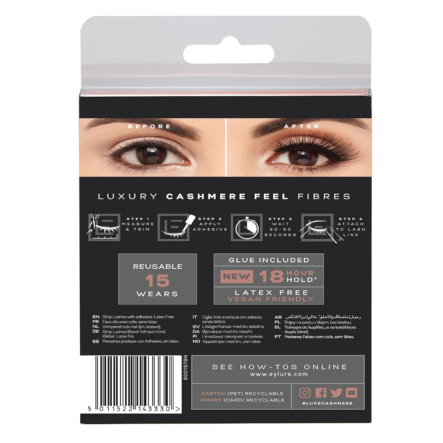 Eylure False Lashes, Luxe Cashmere No. 6 with Adhesive Included, 1 Pair Black