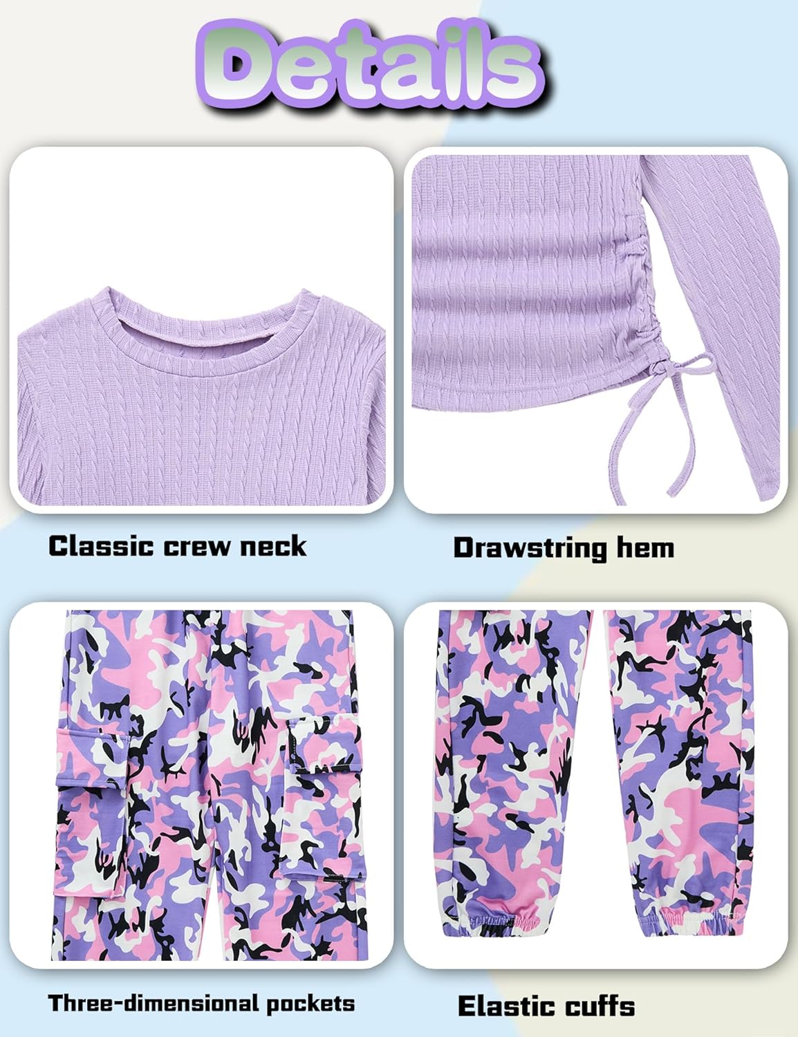 mksodop Girls Clothes Ruched Drawstring Short Sleeve Knit Top and Camo Print Pants 2 Piece Girls Outfits - Image 7