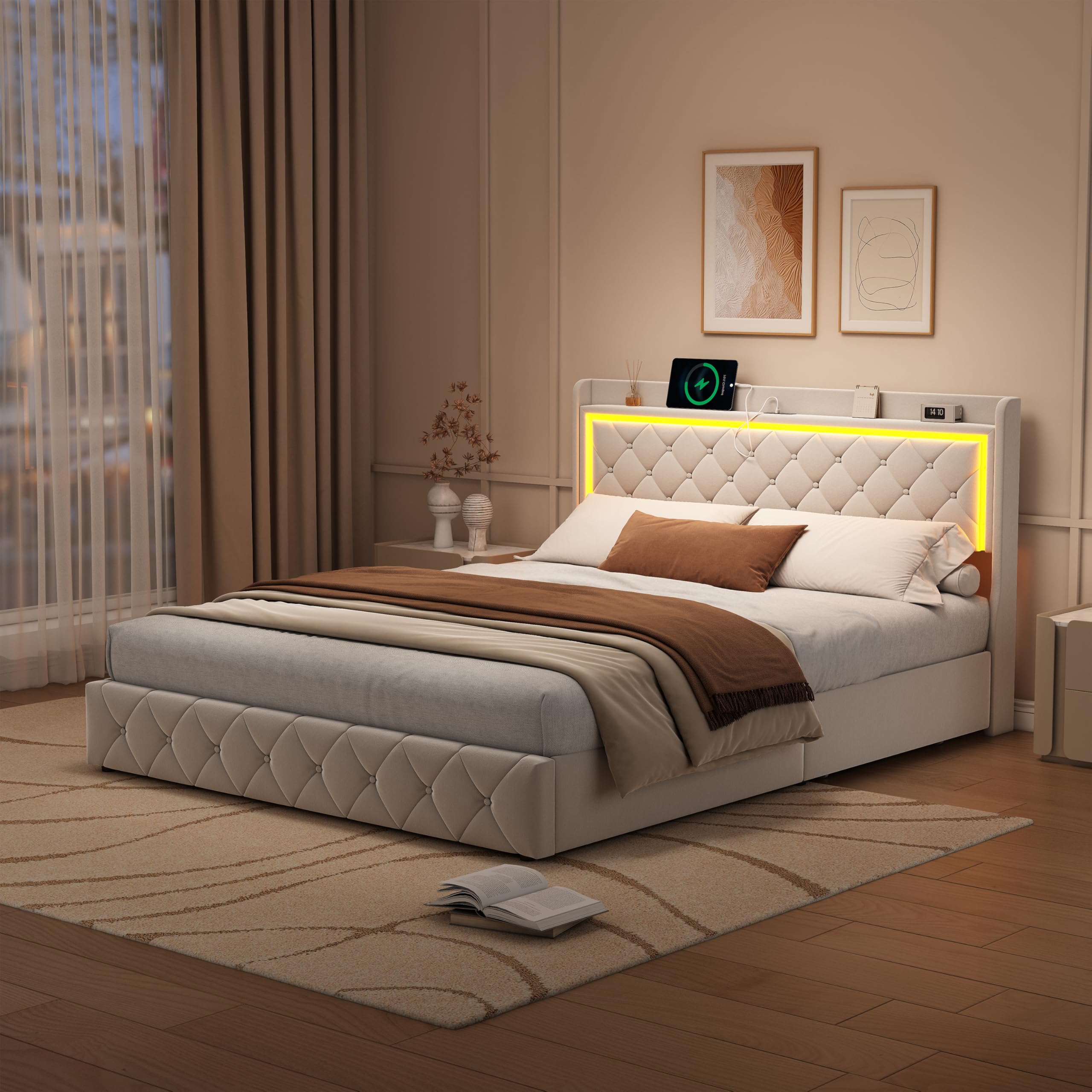 PerGar Gestoffeerd bed, tweepersoonsbed, 160 x 200 cm, met laden en opbergruimte, hydraulisch metalen frame, bedframe, jeugdbed, functioneel bed voor volwassenen en jongeren, fluweel, beige, zonder