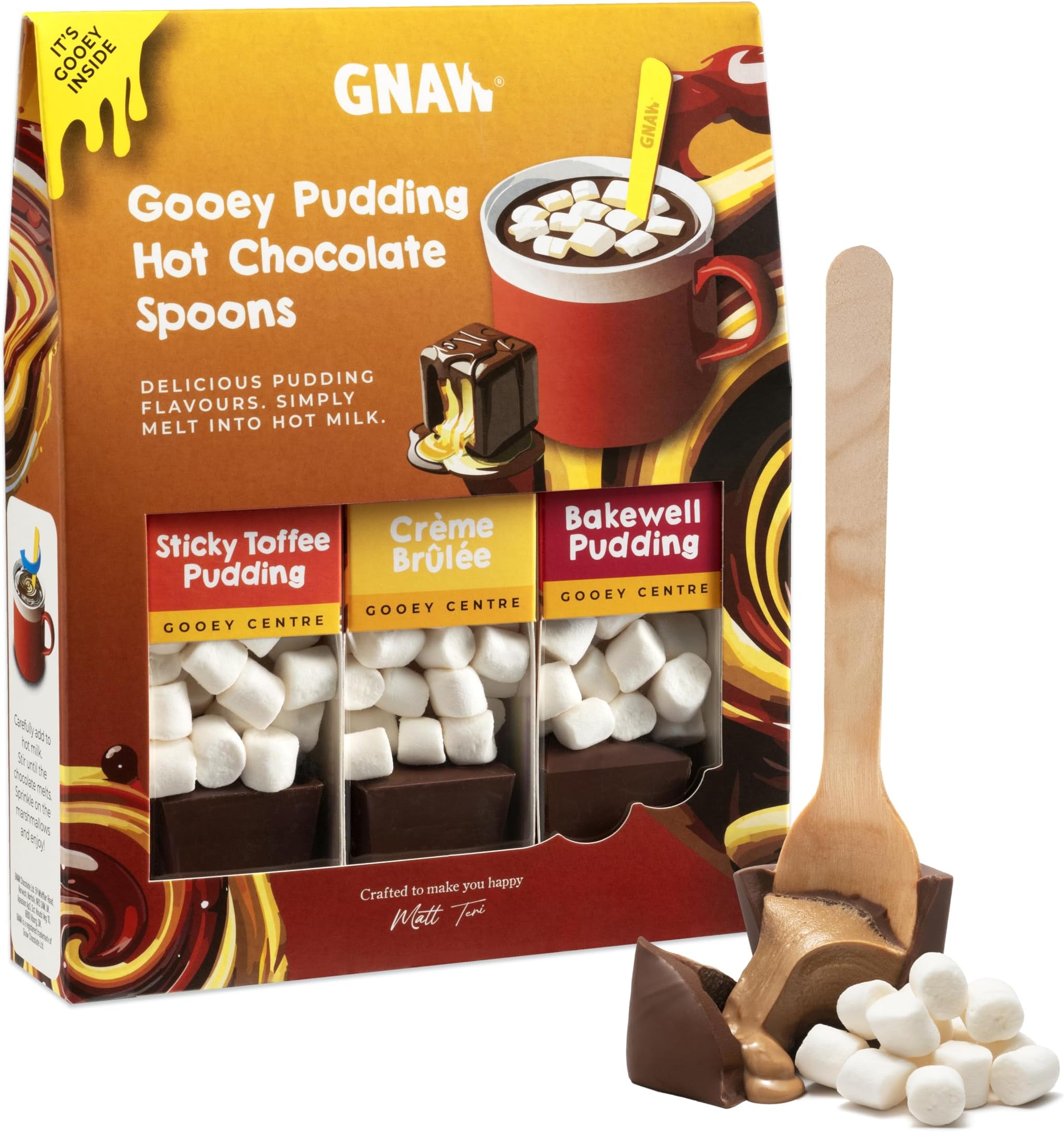 Gooey Pudding Hot Chocolate Spoons Gift Set – Bakewell Tart, Crème Brûlée & Sticky Toffee Pudding Flavours, Including marshmallows for Luxury Hot Chocolate Indulgence, 3 x 40g