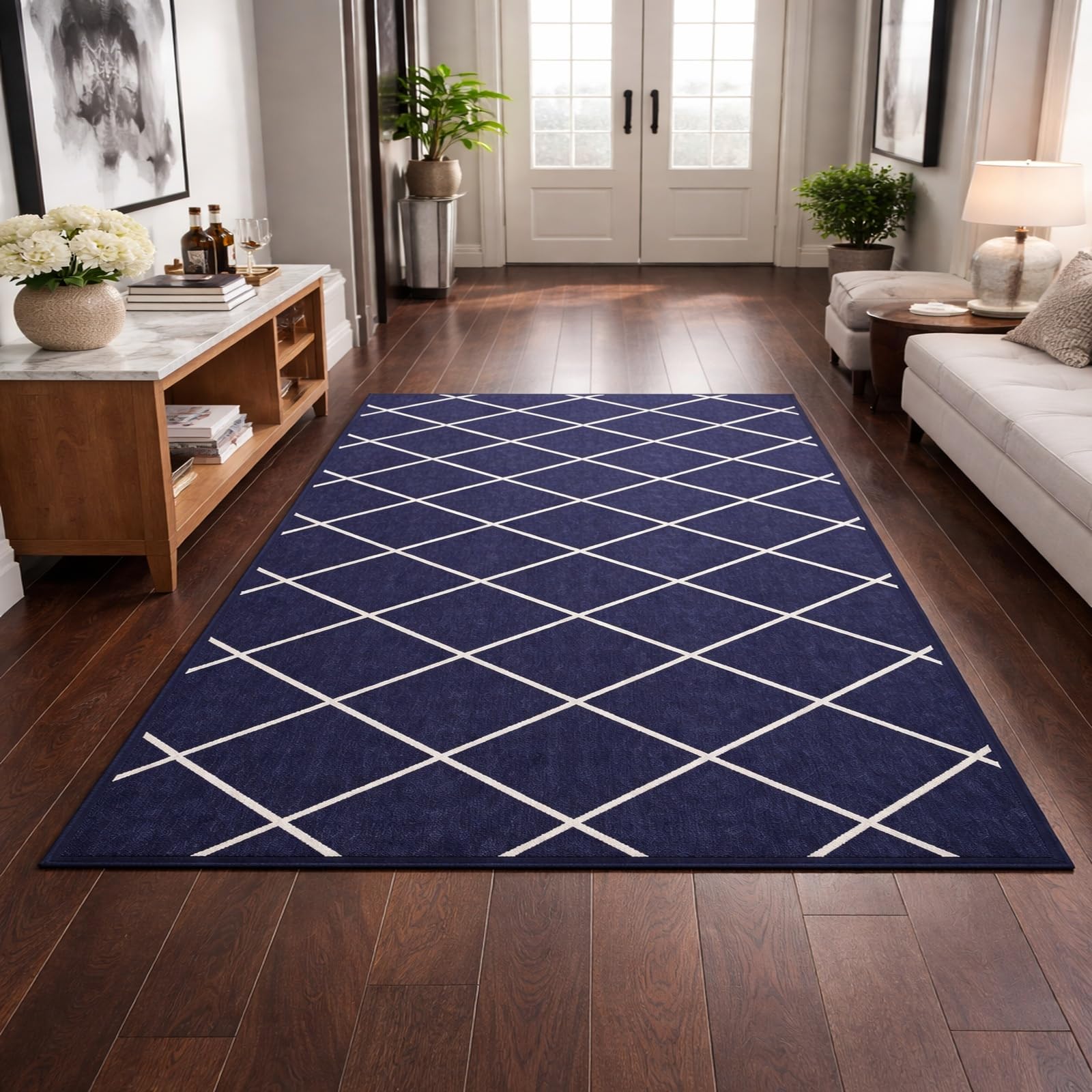 Tapis de chambre adulte facile à nettoyer bleu marine géométrique moderne