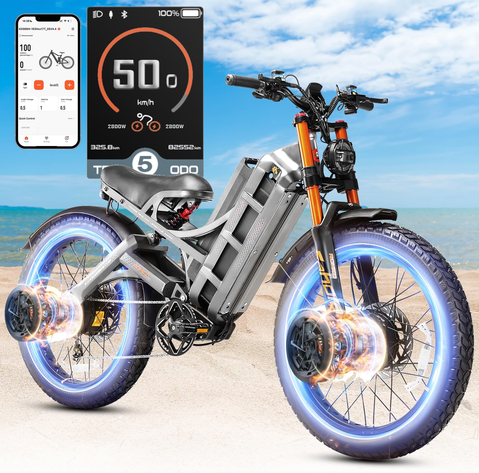 2026 eAhora Romeo Pro 3/2 50-46 Mph Electric Bike for Adults, 5600W/4000W/2500W Dual Motor Ebike 60V 80Ah/52V 70Ah Battery 200 Miles Long Range, 26*4.0"/20*4.5" Fat Tire, Full Suspension, All Terrain