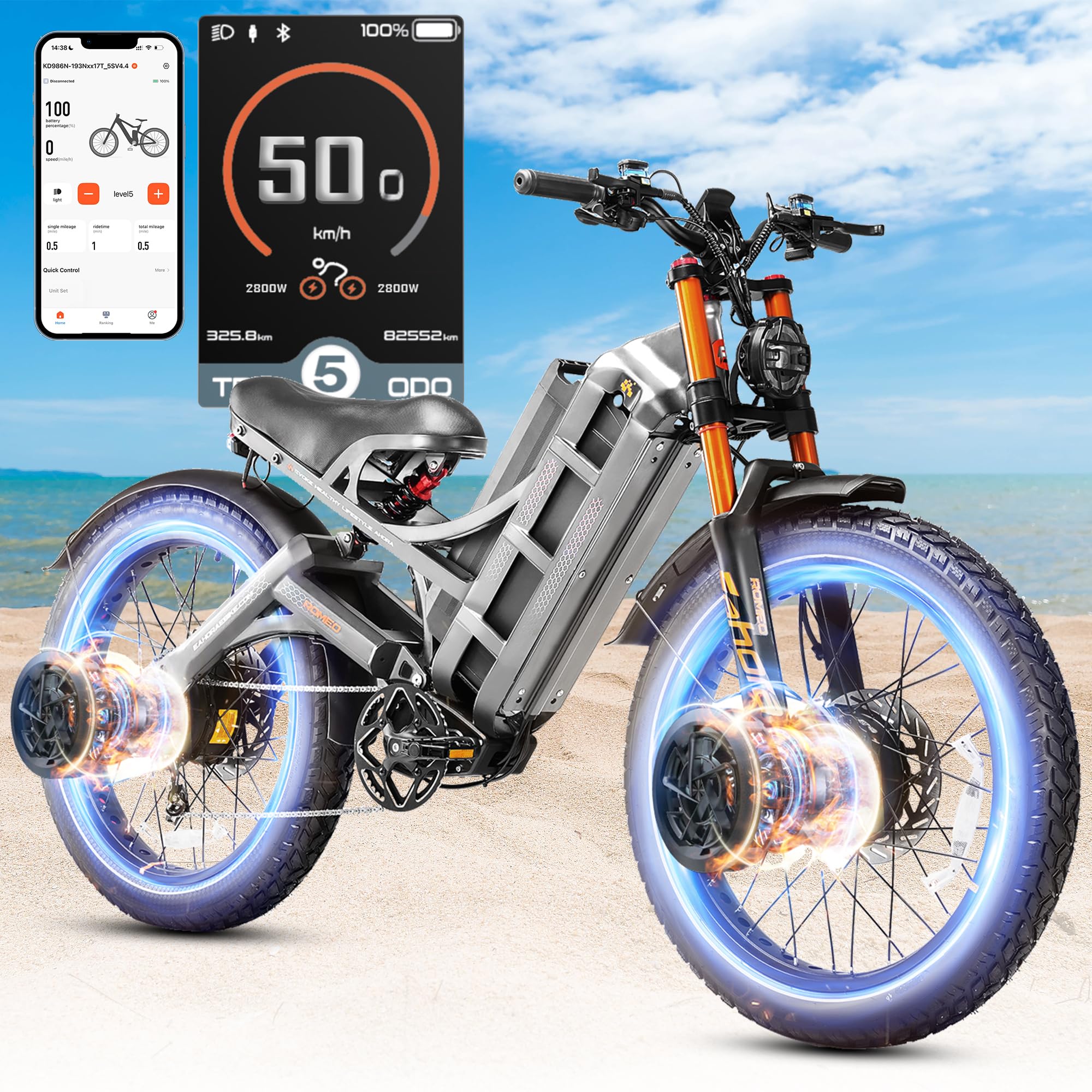eAhora2025 eAhora Romeo Pro 3/2 50Mph/46Mph Electric Bike for Adults Peak 5600W/4000W Dual Motor Ebike, 60V/80Ah 52V/70Ah 235+Miles Long Range Ebike, 26*4.0" Fat Tire Electric Mountain Bike, Full Suspension