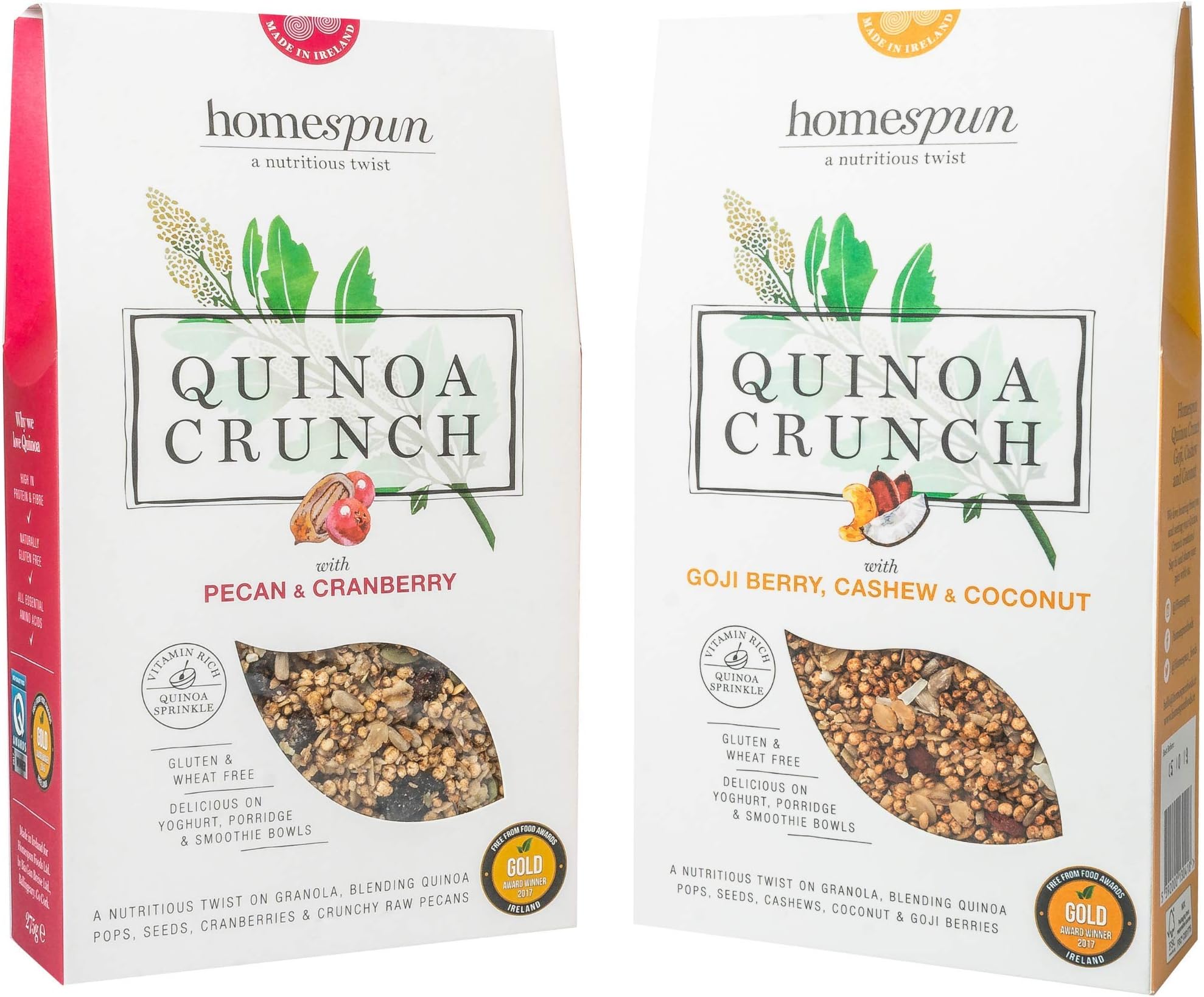 Quinoa Crunch - Goji Berry, Cashew & Coconut Flavour - Pecan & Cranberry Flavour - Luxuriously Nutritious Granola - No Gluten - Suitable for Coeliacs - 2 x 275g - by Homespun
