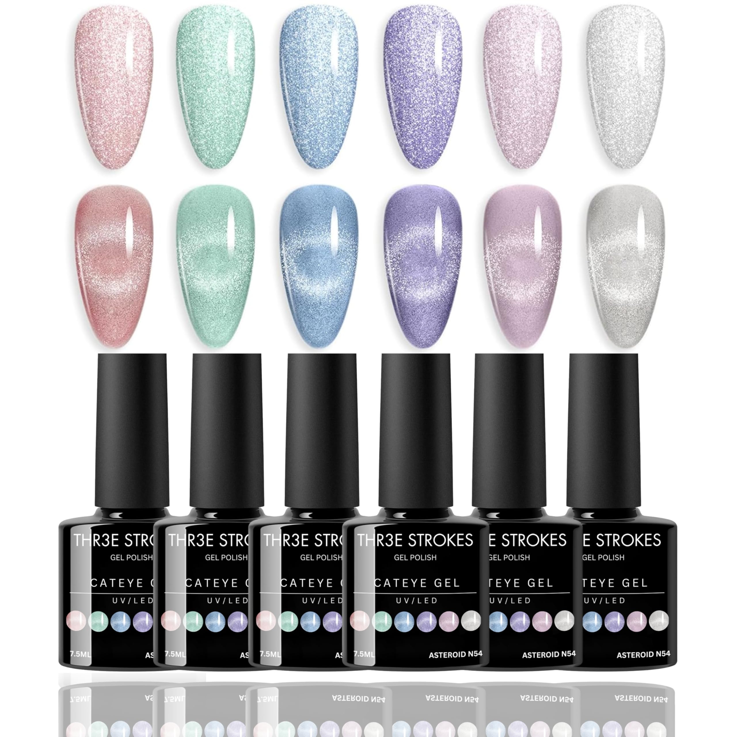 THR3E STROKES Gel Nail Polish Cat Eye Gel Nail Polish Set, 6 Color Jelly Shimmer Glass Cat Eye Gel Nail Polish with Magnet Nude Reflective Clear Champagne Pink Purple Magnetic Gel Polish Gift Set 7ML (UV/LED LIGHT REQUIRED) (ASTEROID N54, )-image-7