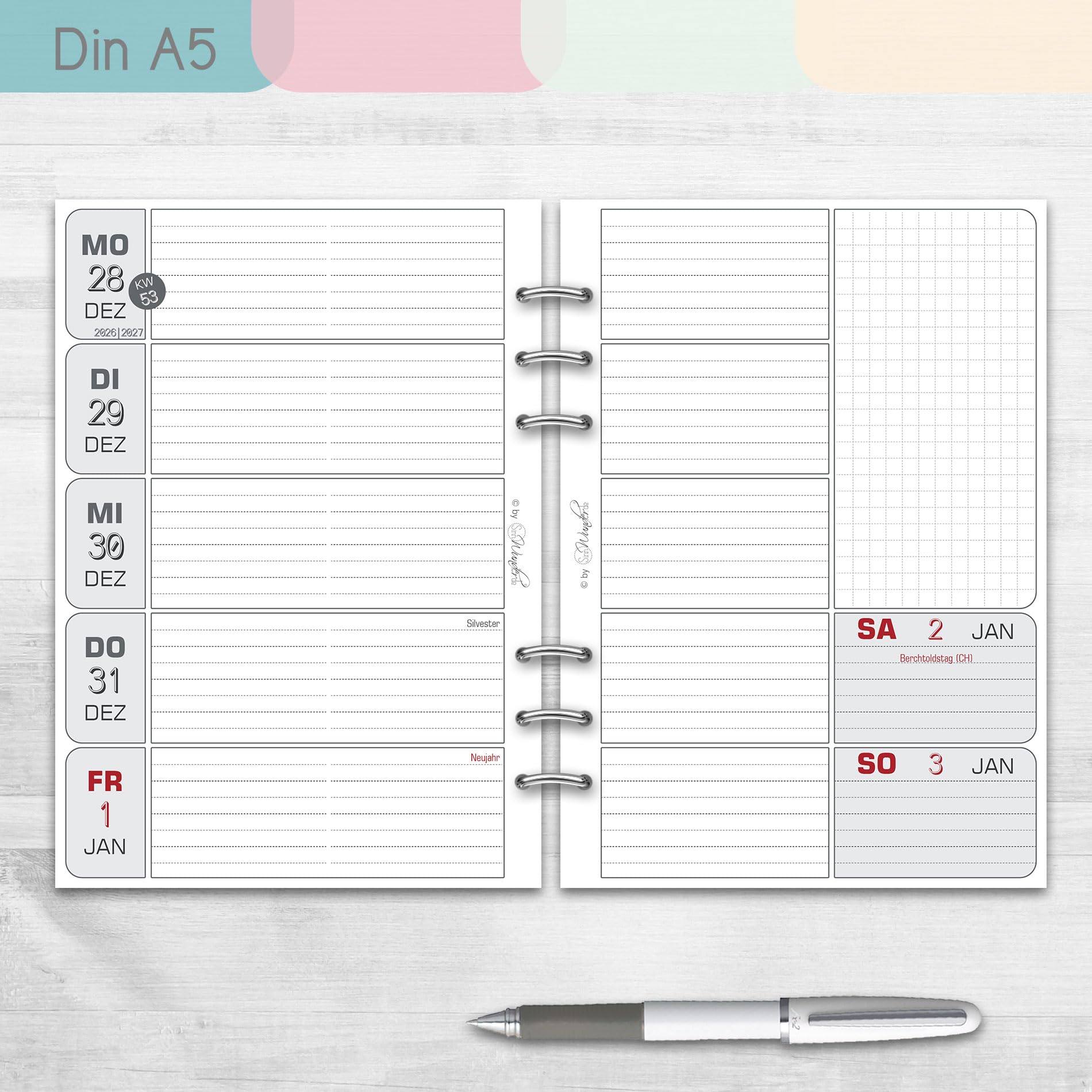 SinnWunder® 2027 Premium Kalendereinlage - Wochen-Kalender - 1 Woche 2 Seiten - Größe Din A5-6-fach Filofax-Lochung - BasicSinn