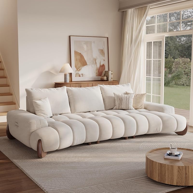 POVISON Arlo 115'' Oversized Curved Velvet Sofa, 3 Seater, Beige