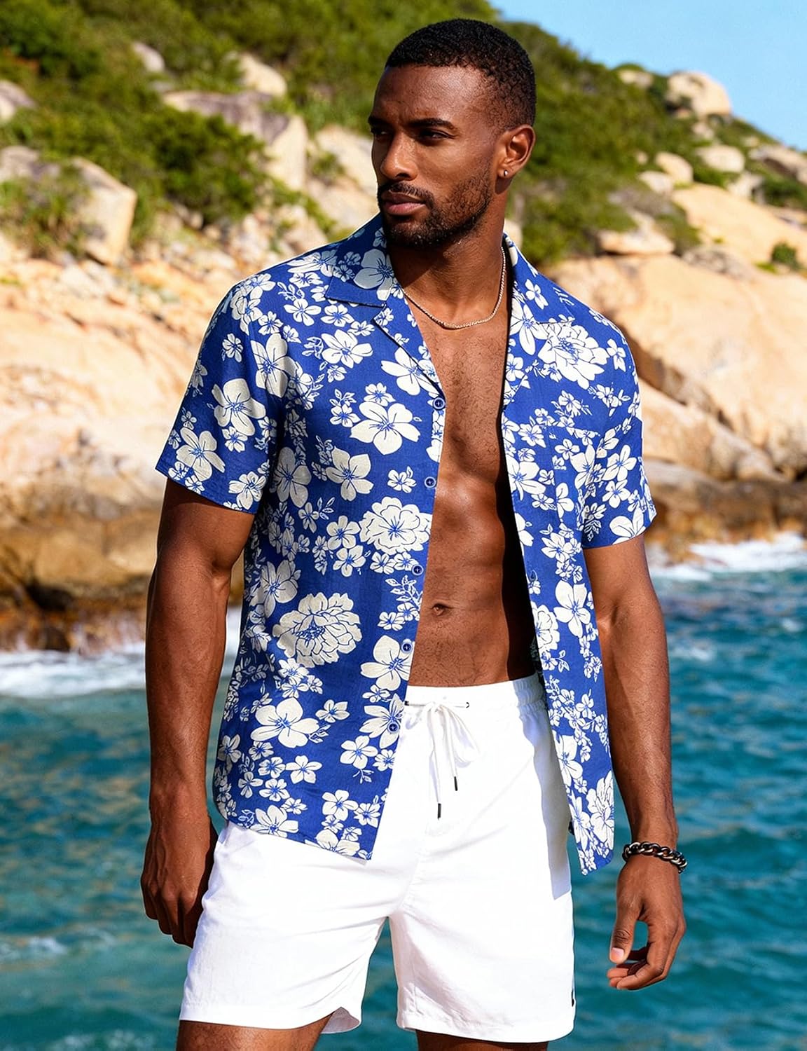 JEMITOP Men's Summer Textured Cuban Collar Hawaiian Shirts Casual Vacation Short Sleeve Button Up Shirt with Pocket