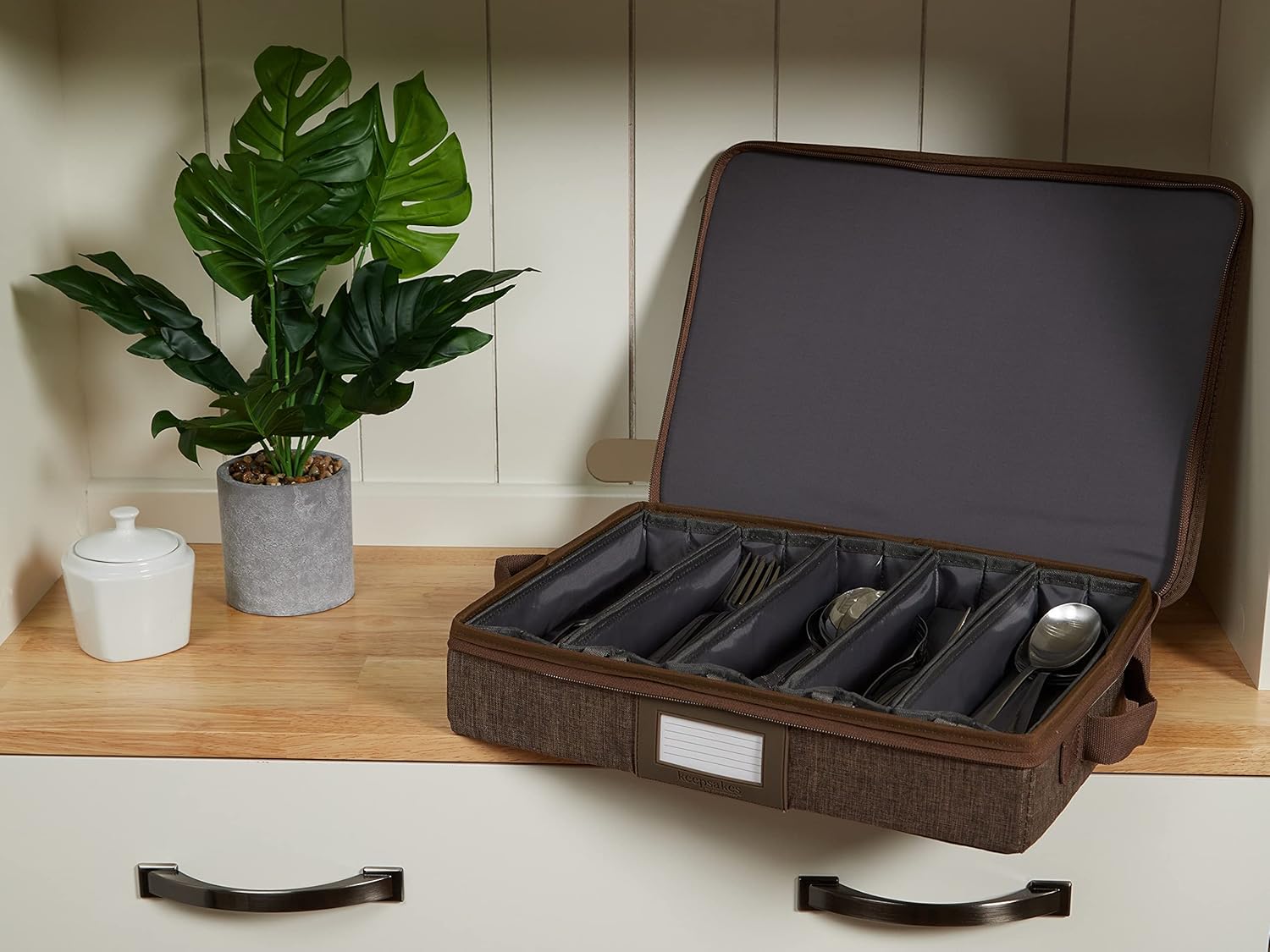 Covermates Keepsakes Flatware Storage Box - Stackable - Reinforced Handles - China Storage, Brown Heather