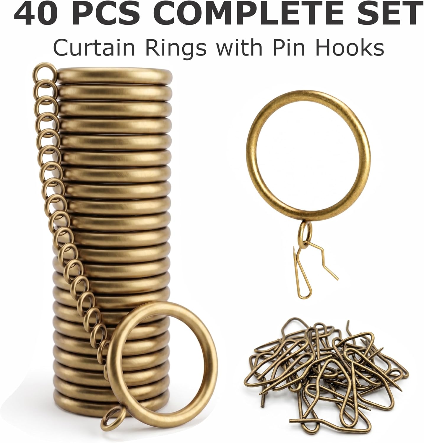 Curtain Rings with Pin Hook (40 Pack), 1.5” Inner Dia, Fits 1–1.25” Rods, Heavy Duty Metal Drapery Rings, Smooth Glide, No Snag, Complete Curtain Set (Gold, 1.5 inch)