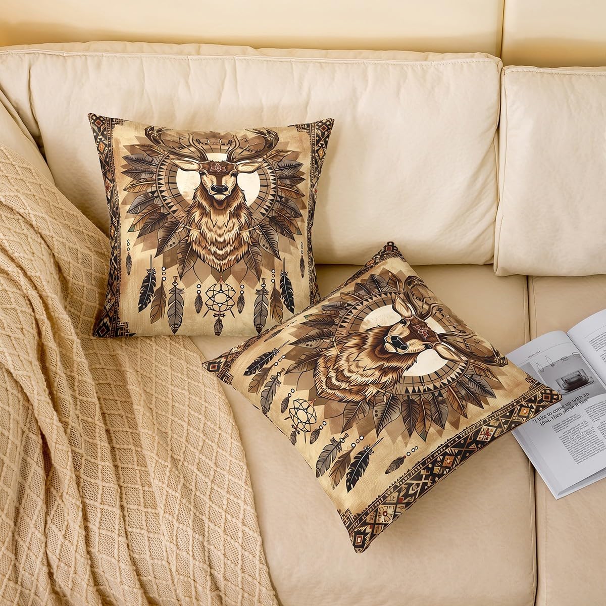 Tribal Deer Throw Pillow Covers 24x24 Inch Set of 2 Watercolor Animal Feather Ethnic Style Cushion Cases for Kids Teens Adults Vintage Brown Boho Stripes Cushion Covers for Office Chairs