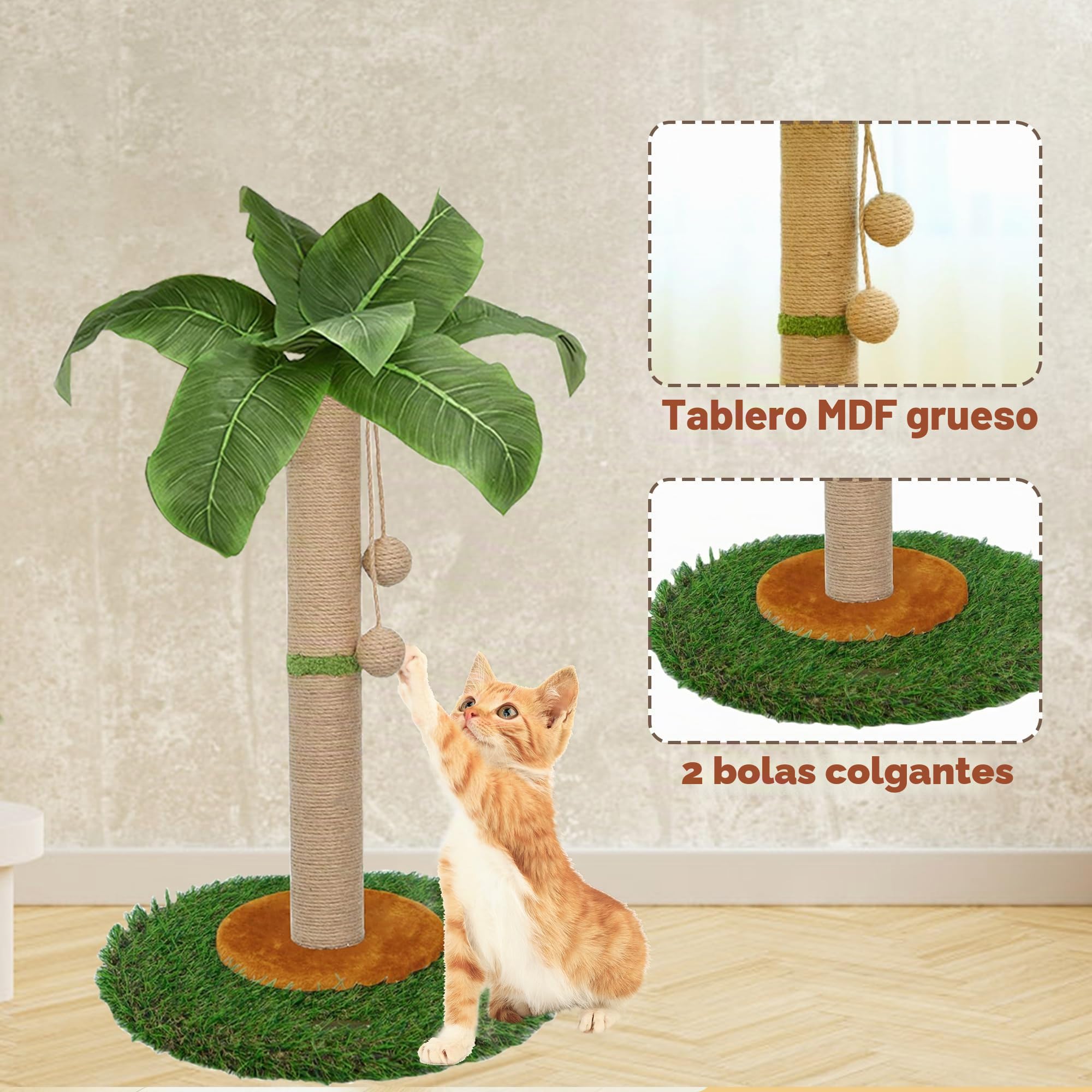 Poste rascador para gatos y gatitos de interior, poste rascador de 60 cm de alto con cuerda de sisal, poste rascador de palmera con bola colgante (60 cm)