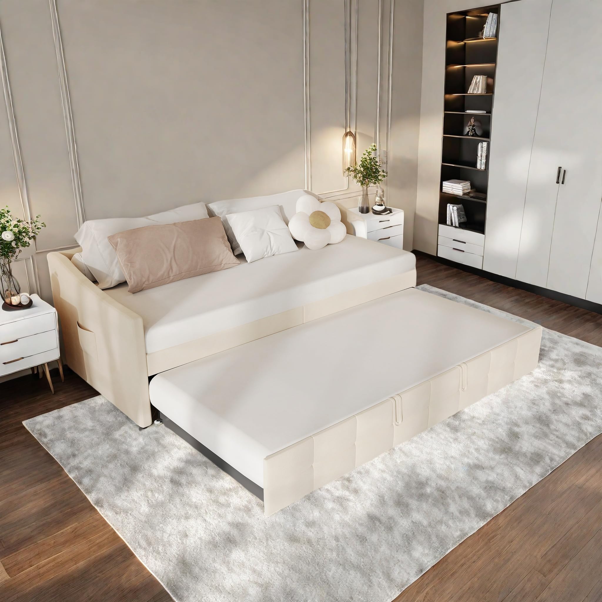 Sofá cama Convertible 90 x 200 cm con cama nido y sofá cama de 2 plazas con somier de láminas, marco de cama acolchado para adolescentes adultos, terciopelo, sin colchón (Beige 3)