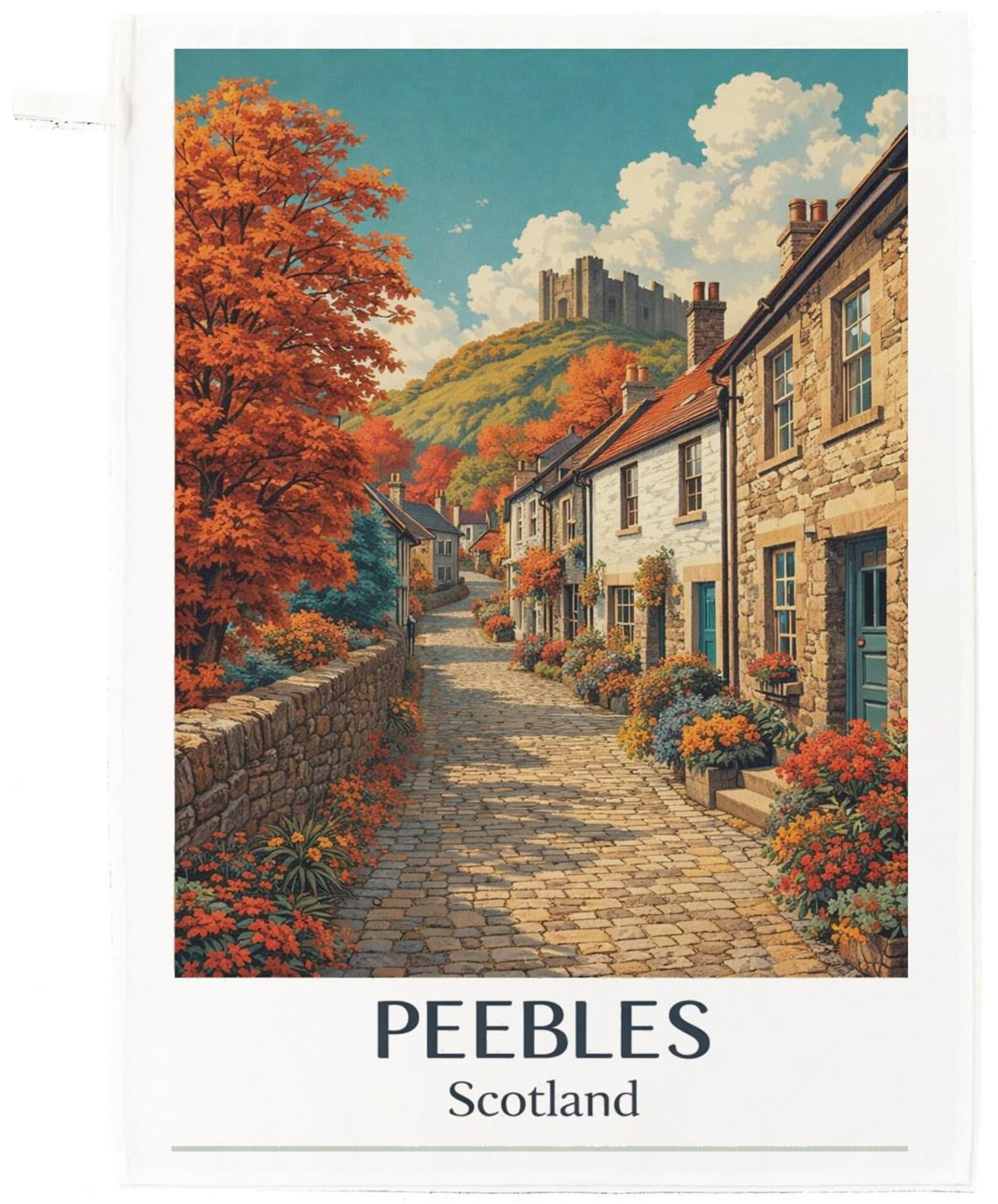 Half a Donkey Peebles Scotland Tea Towel – Autumn Village Street & Castle
