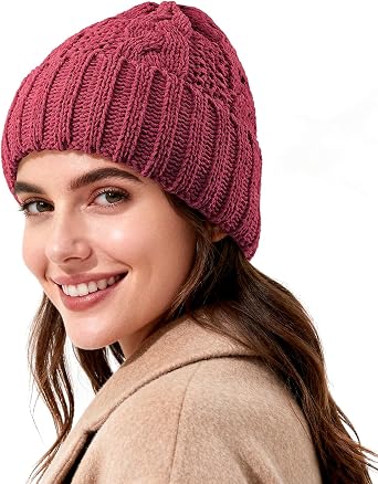 Women Winter Beanie Hat Warm Fleece Lined Knit Skull Cap, Thermal Cuffed Beanie for Cold Weather Skiing