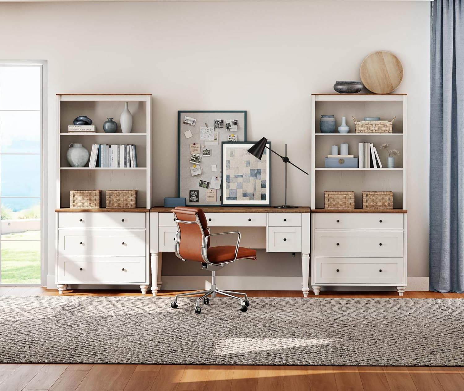 WAMPAT Home Office Furniture Set, 56" Executive Desk with Charging Station, 72" Tall Bookcase with 6 Drawers, Wood Computer Desk with File Cabinet Storage, Open Shelf, White