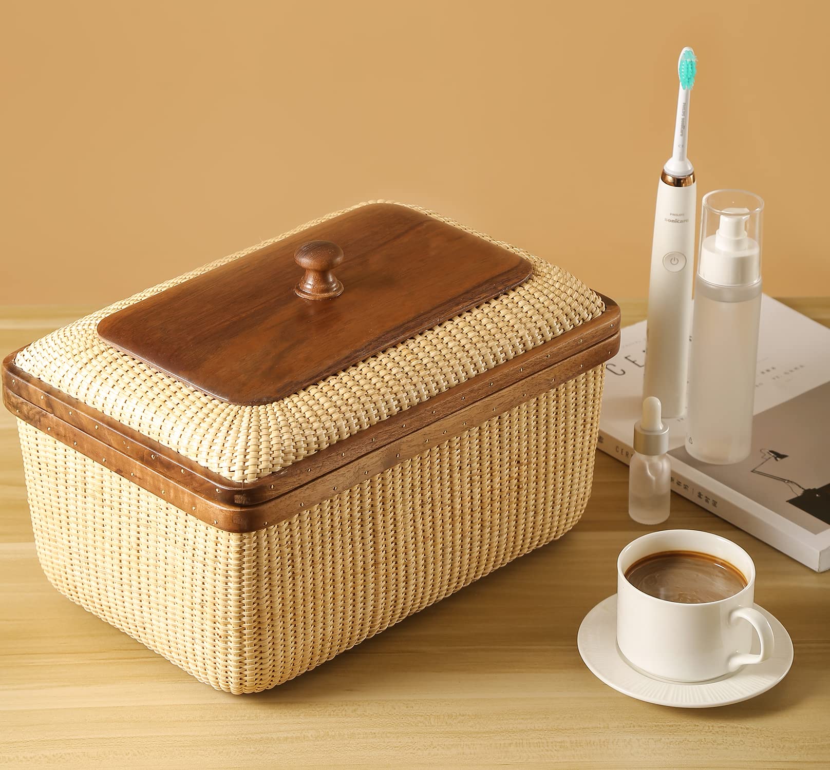 Teng Jin Rectangular with Lid Handmade Nantucket basket Cane staves finely-woven home-storage-baskets-and-containers Arts,Decorative Storage Baskets for Shelves