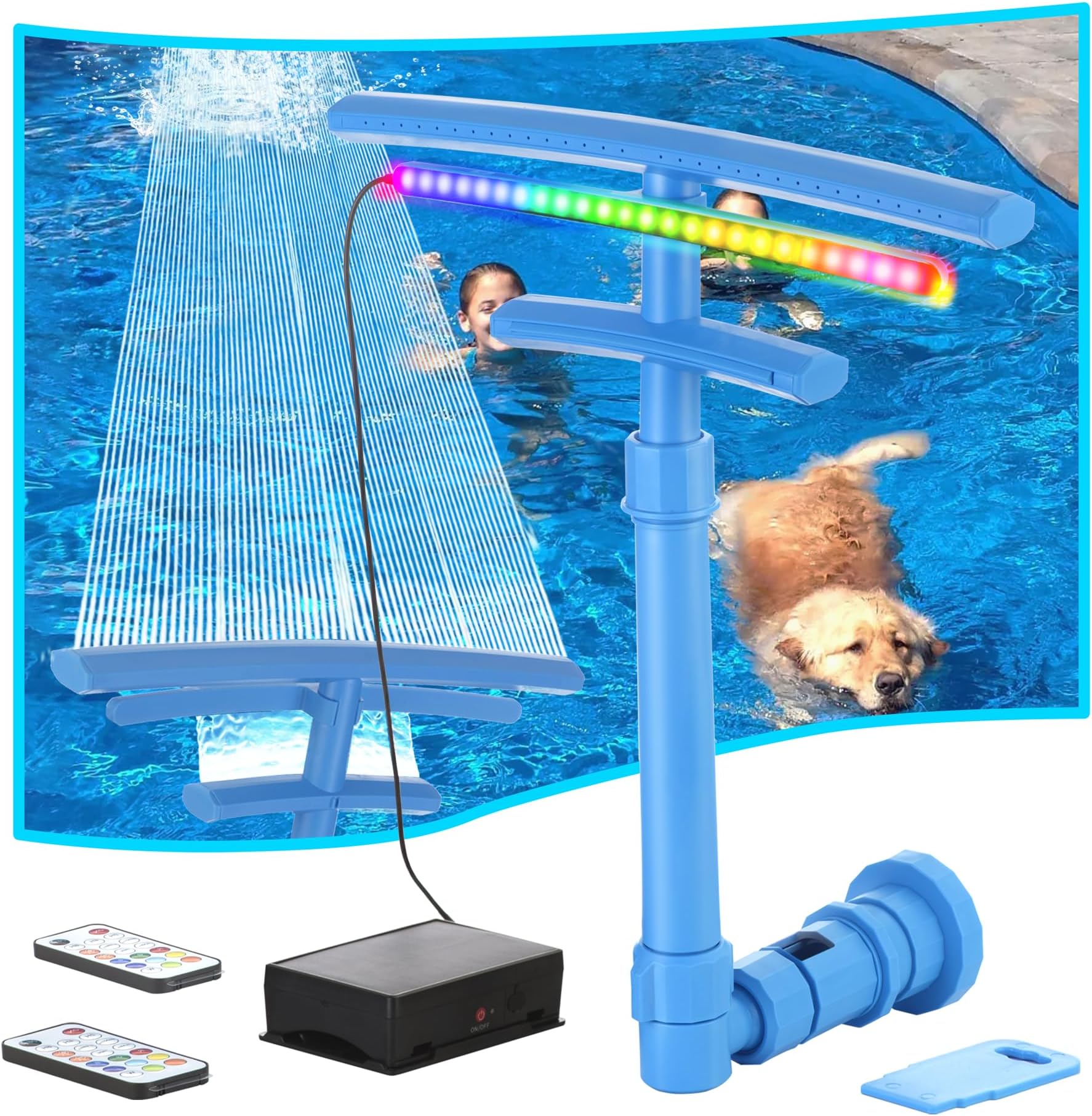 Pool Fountain for Above and Inground Pools, Upgraded Dual Waterfall with 9 Color LED Lights and 4 Modes, 360° Adjustable Pool Sprinkler Fountain Pool Cooler Pool Accessories Pool Decor (Blue)