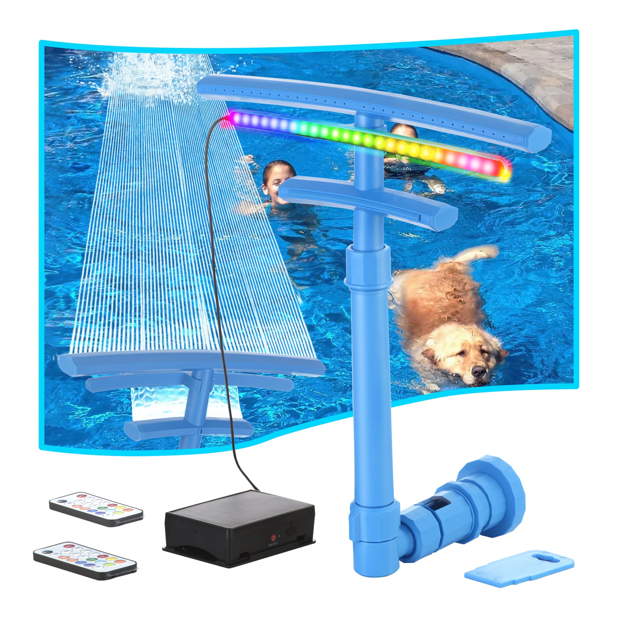 Pool Fountain for Above and Inground Pools, Upgraded Dual Waterfall with 9 Color LED Lights and 4 Modes, 360° Adjustable Pool Sprinkler Fountain Pool Cooler Pool Accessories Pool Decor (Blue)