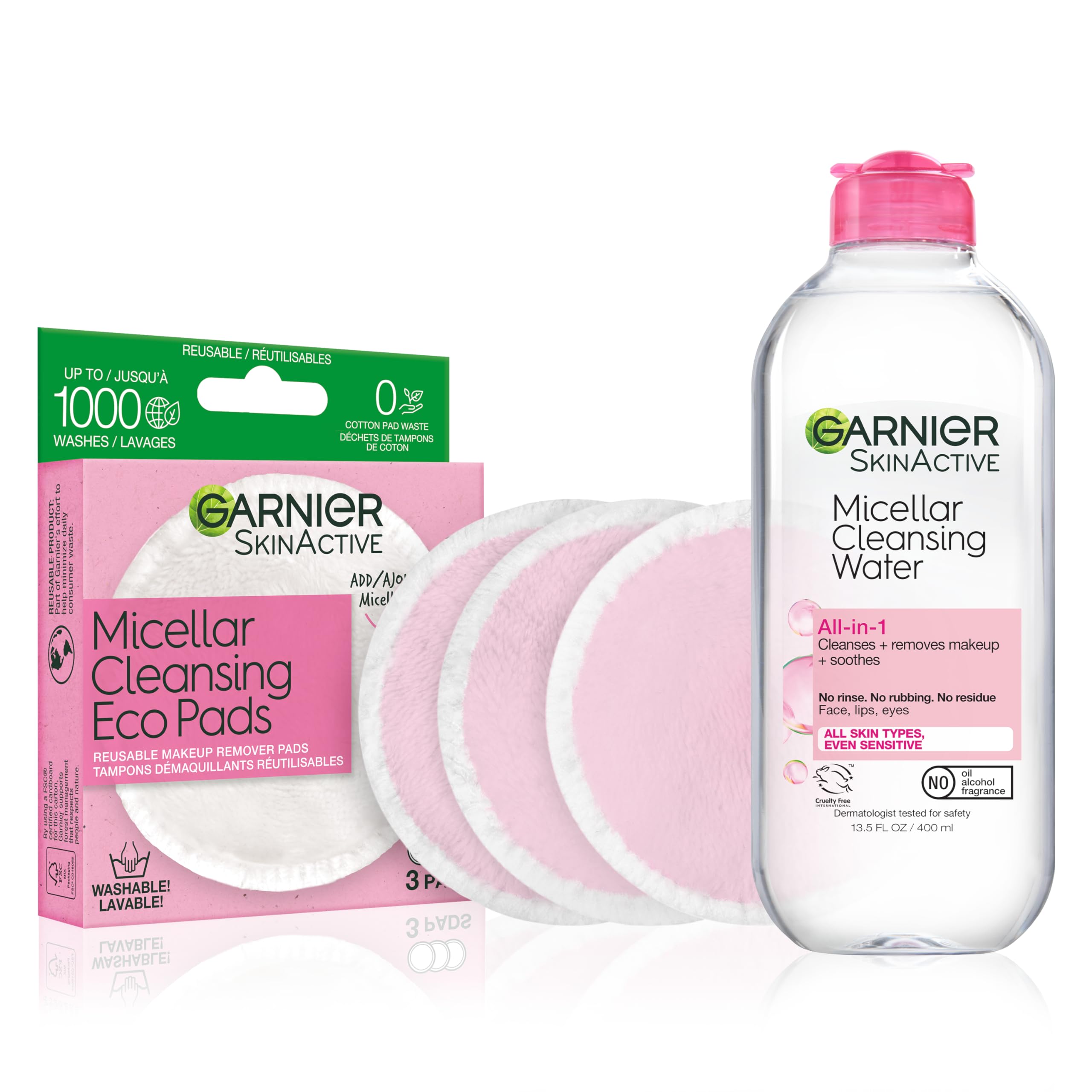 Micellar Water and Eco Pad Starter Kit, All-In-1 Facial Cleanser & Makeup Remover and 3 Piece Reusable Makeup Remover Pads Set