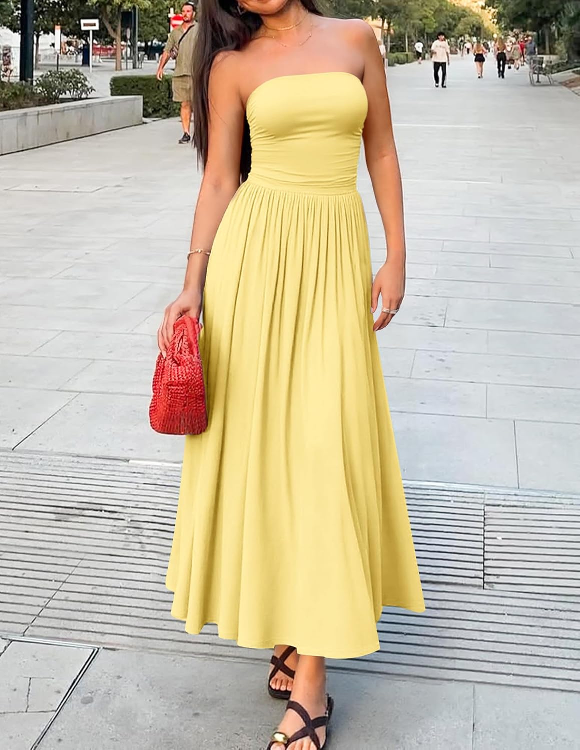 ZESICA Women's Summer Sleeveless Midi Dress 2026 Strapless Ruched A Line Flowy Wedding Guest Party Beach Long Dresses