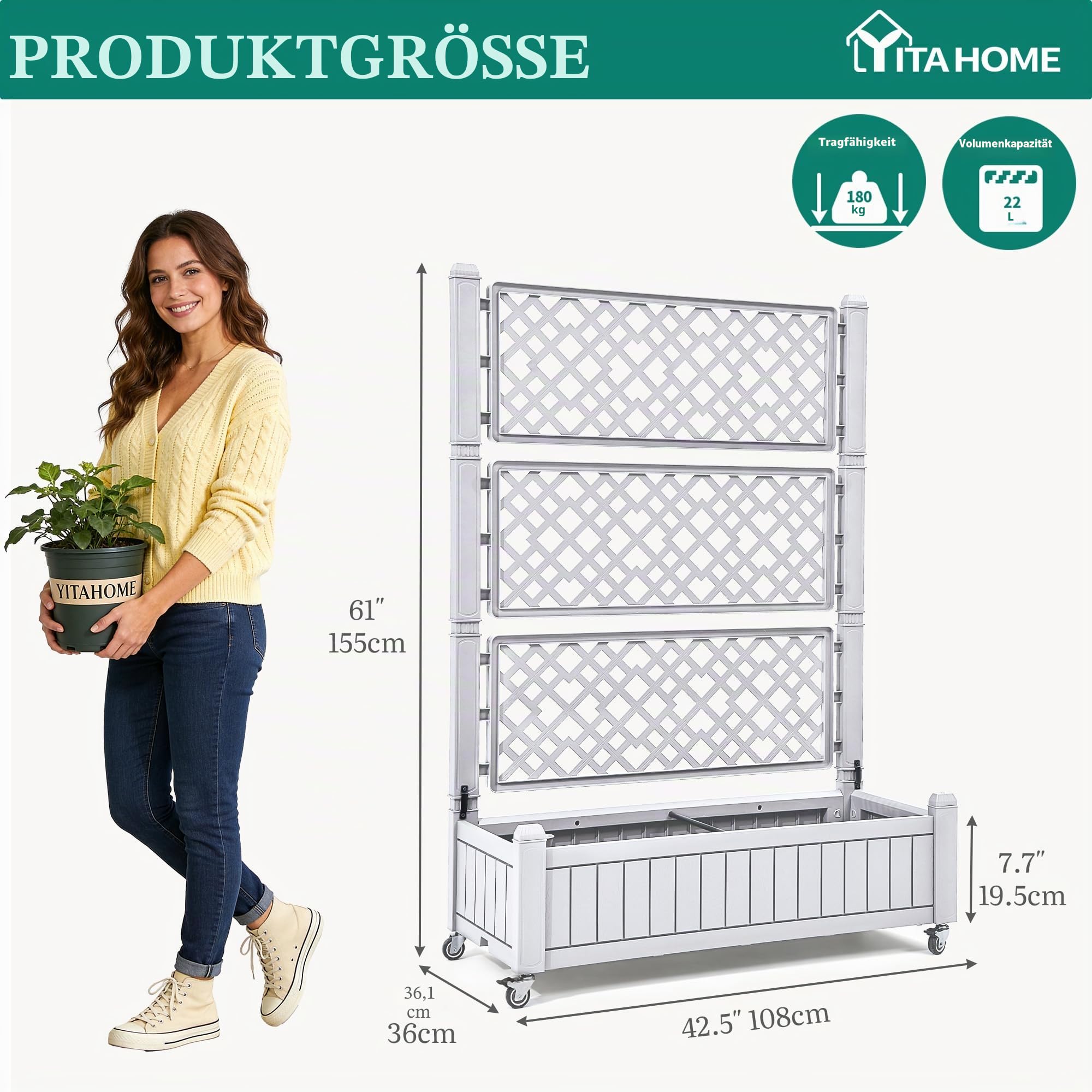 YITAHOME Hochbeete mit Rankgitter 108.5X44X155CM,Abflusslöchern und Rollen