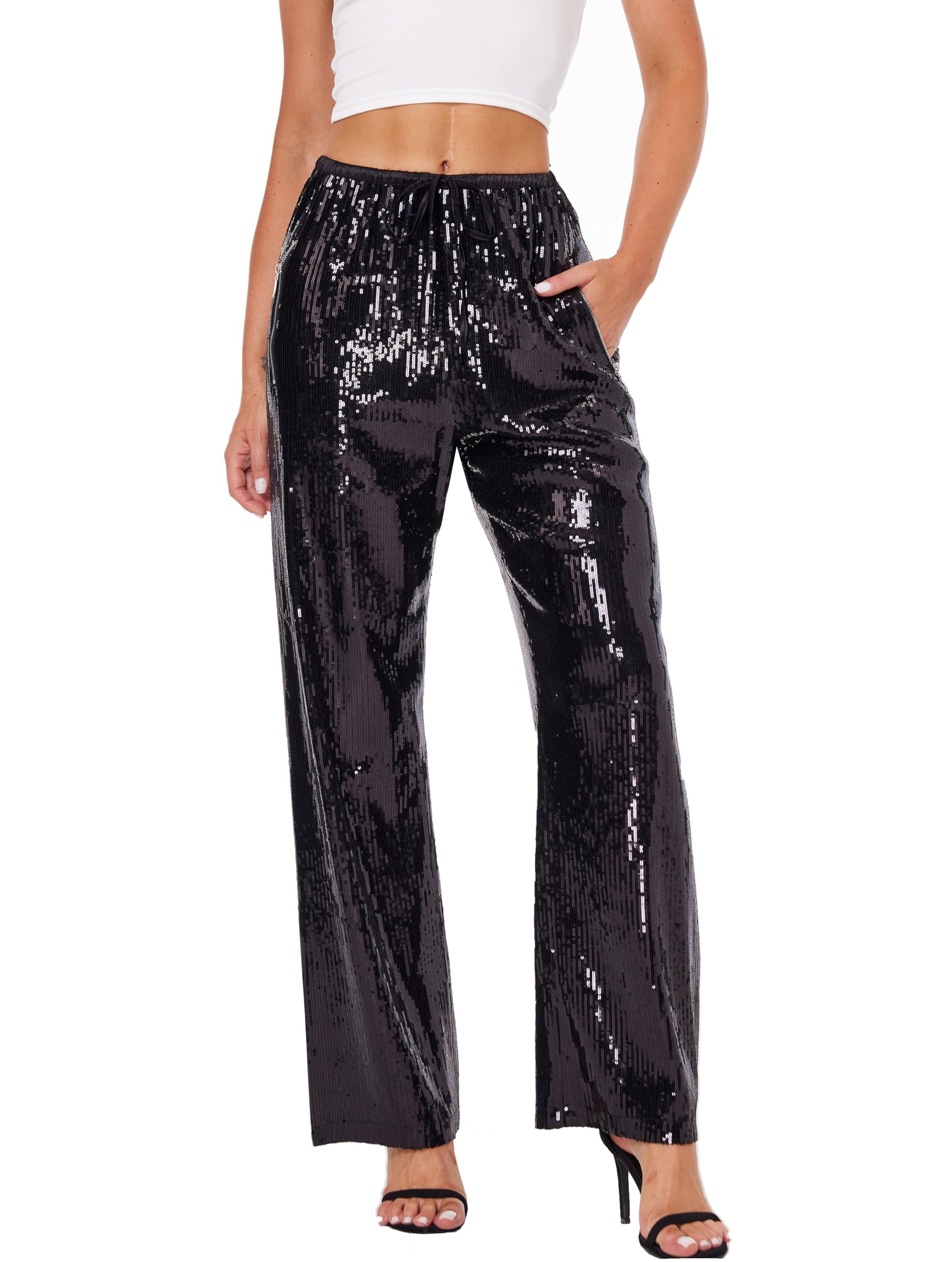Womens Sequin Pants Shiny Sparkly Party Club Night Out Metallic Casual Wide Leg Pants Trousers