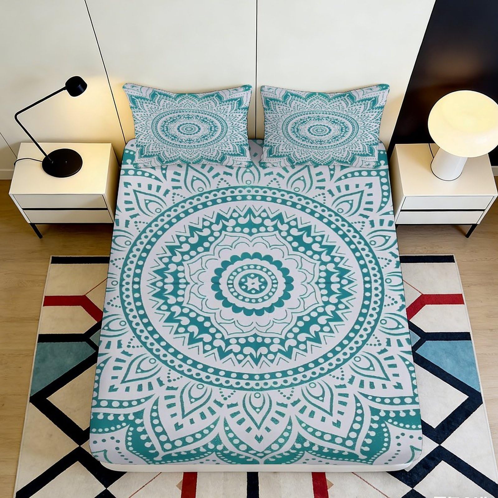 3D Printed Mandala Green Fitted Sheet Microfiber Soft Breathable Boho Lotus Bed Cover for Bedroom Guest Room Decor 90x200x25cm
