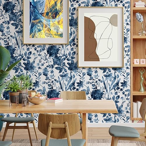 Miniatura 4 de Papel tapiz vintage azul floral para despegar y pegar, ramas y hojas, autoadhesivo, impermeable, extraíble, fácil de despegar en papel tapiz para