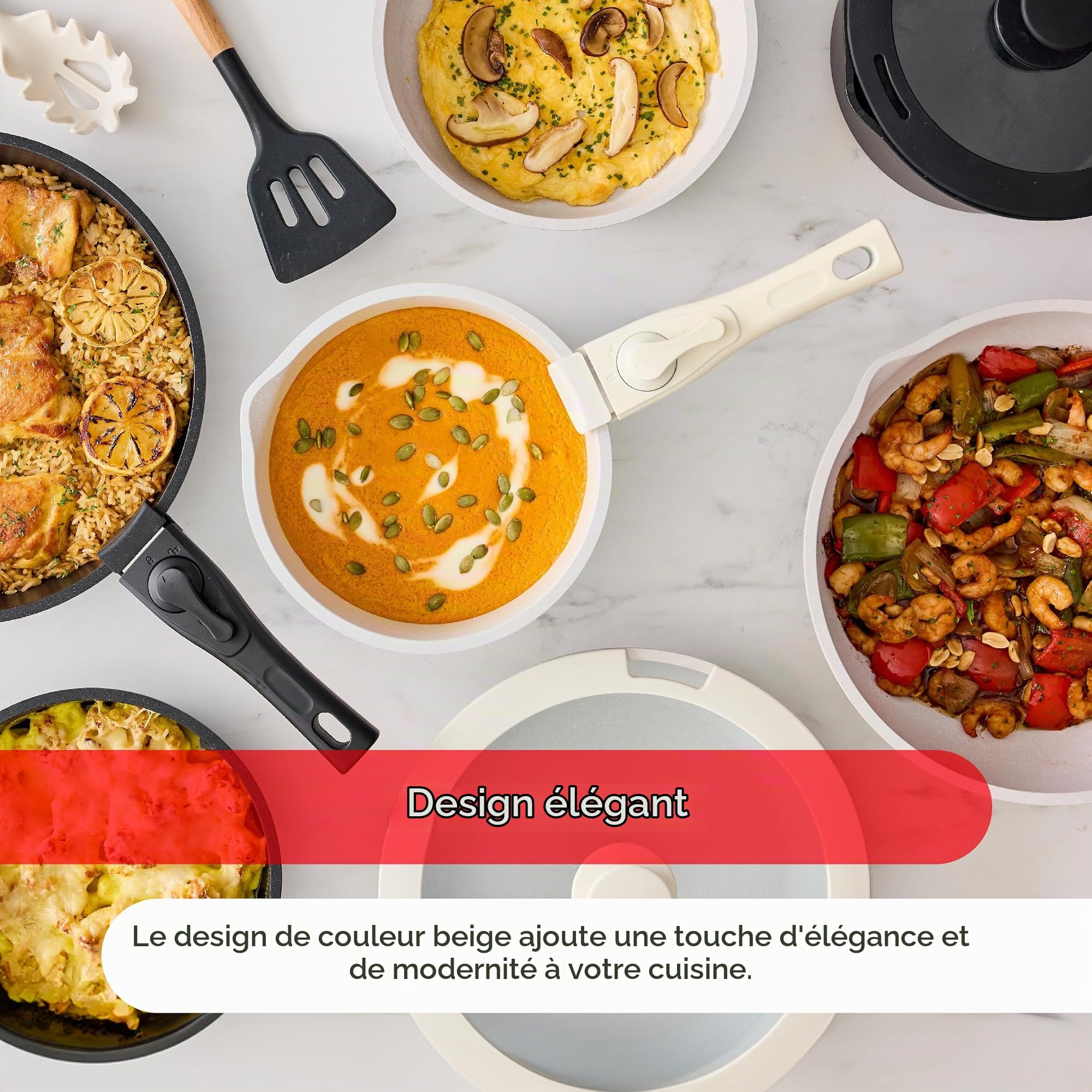 BERGNER Batterie de cuisine avec poignée amovible 2 Poêles à frire, 2 Casseroles, Poêle à frire, 2 Couvercles et 2 Ustensiles - En fonte d'aluminium - Revêtement antiadhésif beige marbré